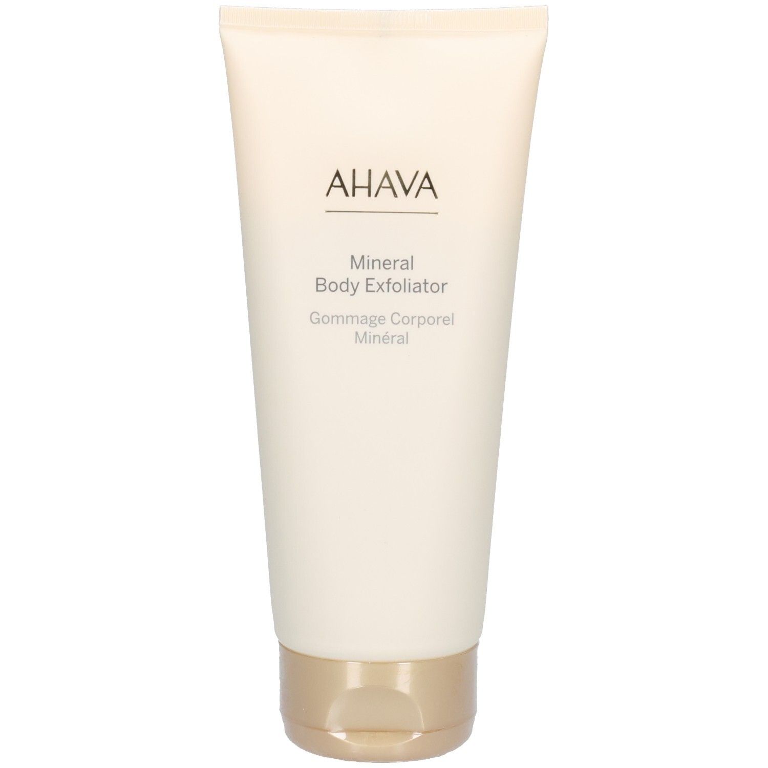 Beige tube met gouden dop. Opschrift: AHAVA, Mineral Body Exfoliator, Gommage Corporel Minéral.