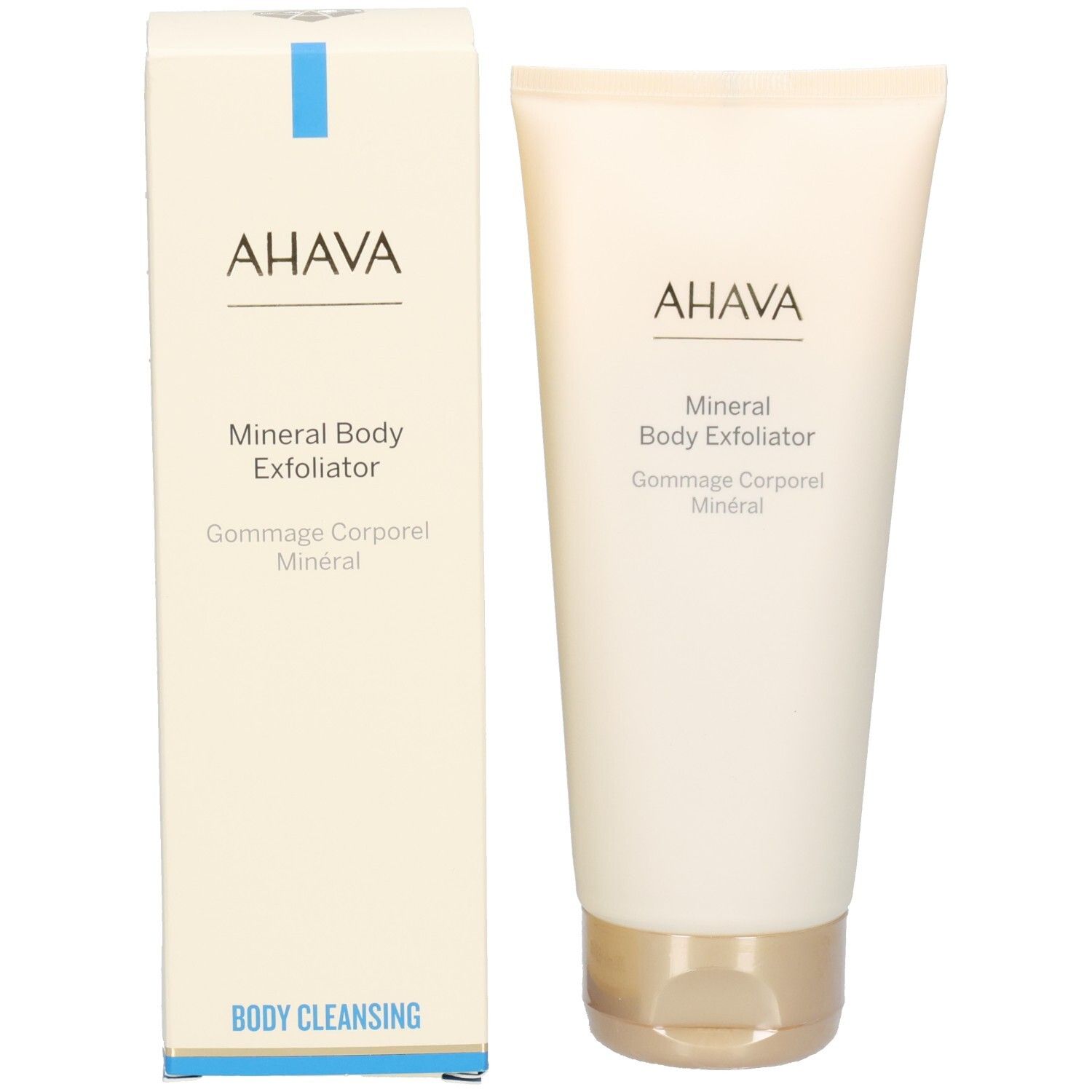 Product en verpakking. Tube en doos. Opschrift: AHAVA, Mineral Body Exfoliator, Body Cleansing.