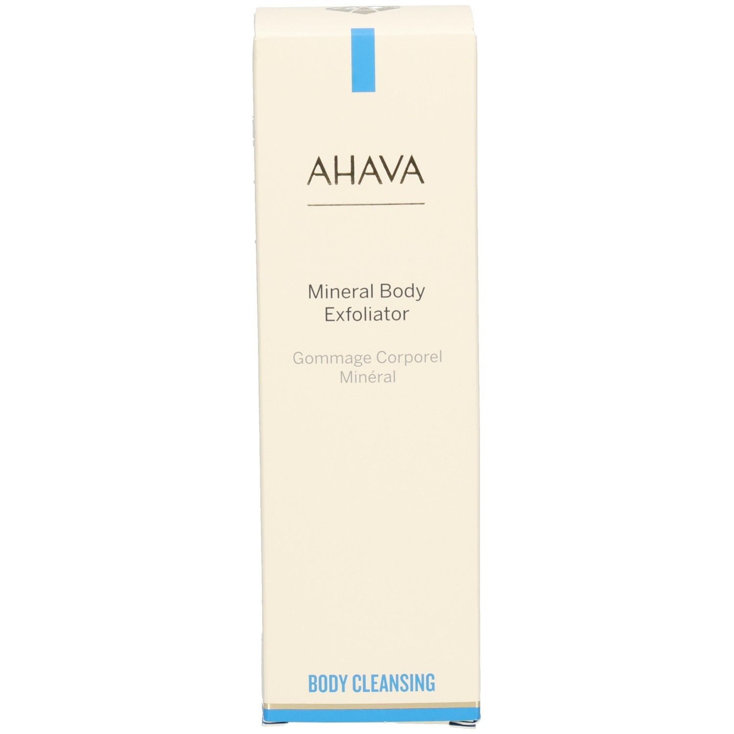Doos. Opschrift: AHAVA, Mineral Body Exfoliator, Body Cleansing. Blauwe lijn boven en onder.