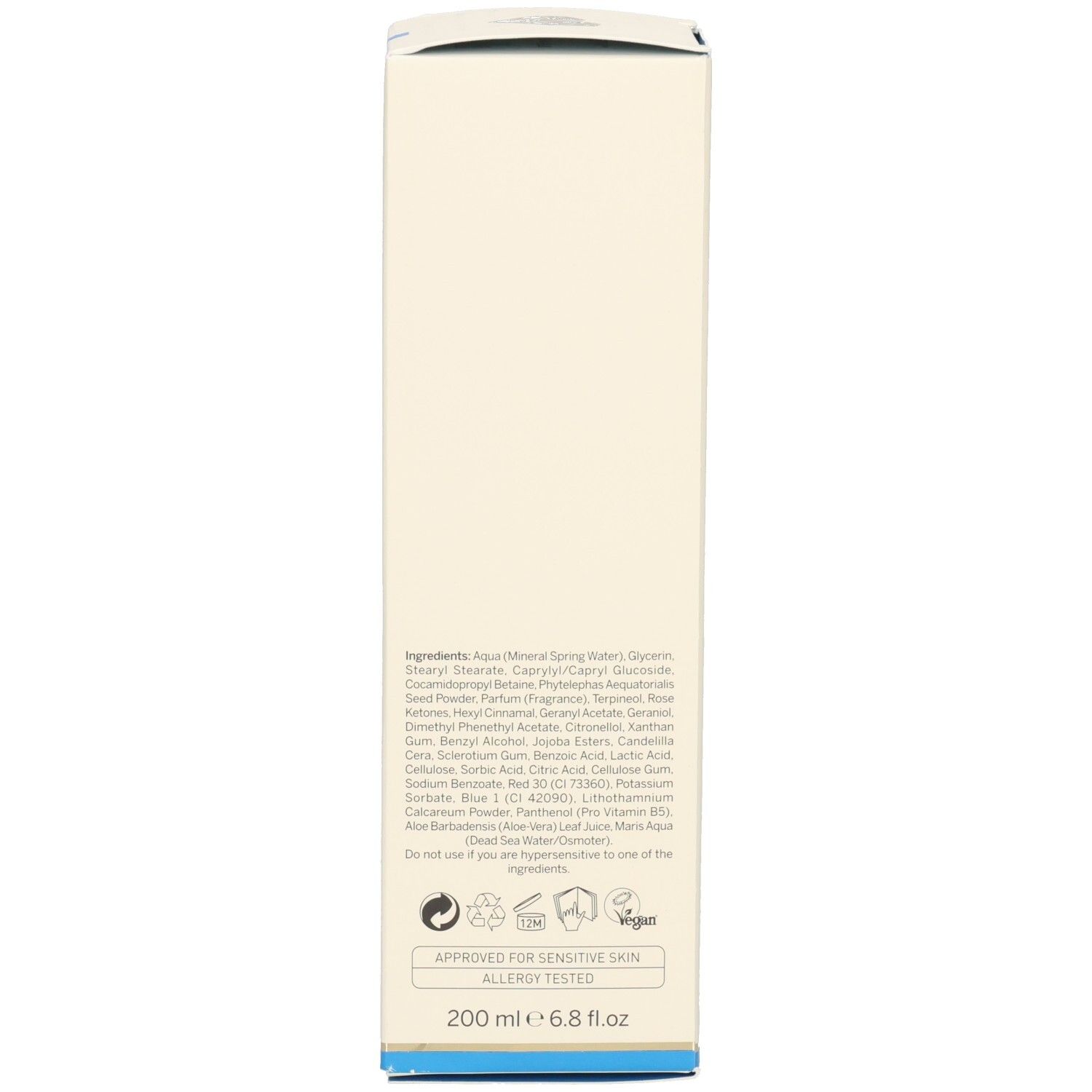 Doos. Ingrediënten, volume: 200 ml. Getest op allergieën. Veganistisch zegel. Blauwe lijn onderaan.