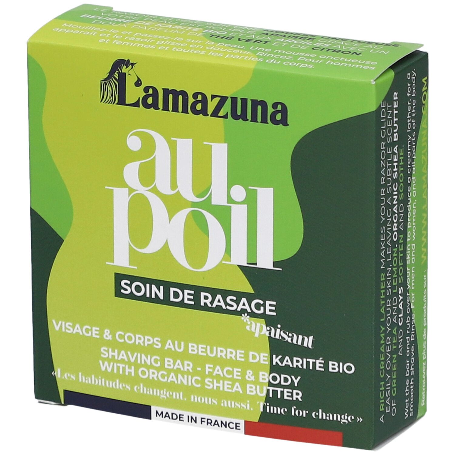 Groene doos met productnaam "au poil" en logo. Franse tekst: "Soin de rasage", "Visage & corps au beurre". 