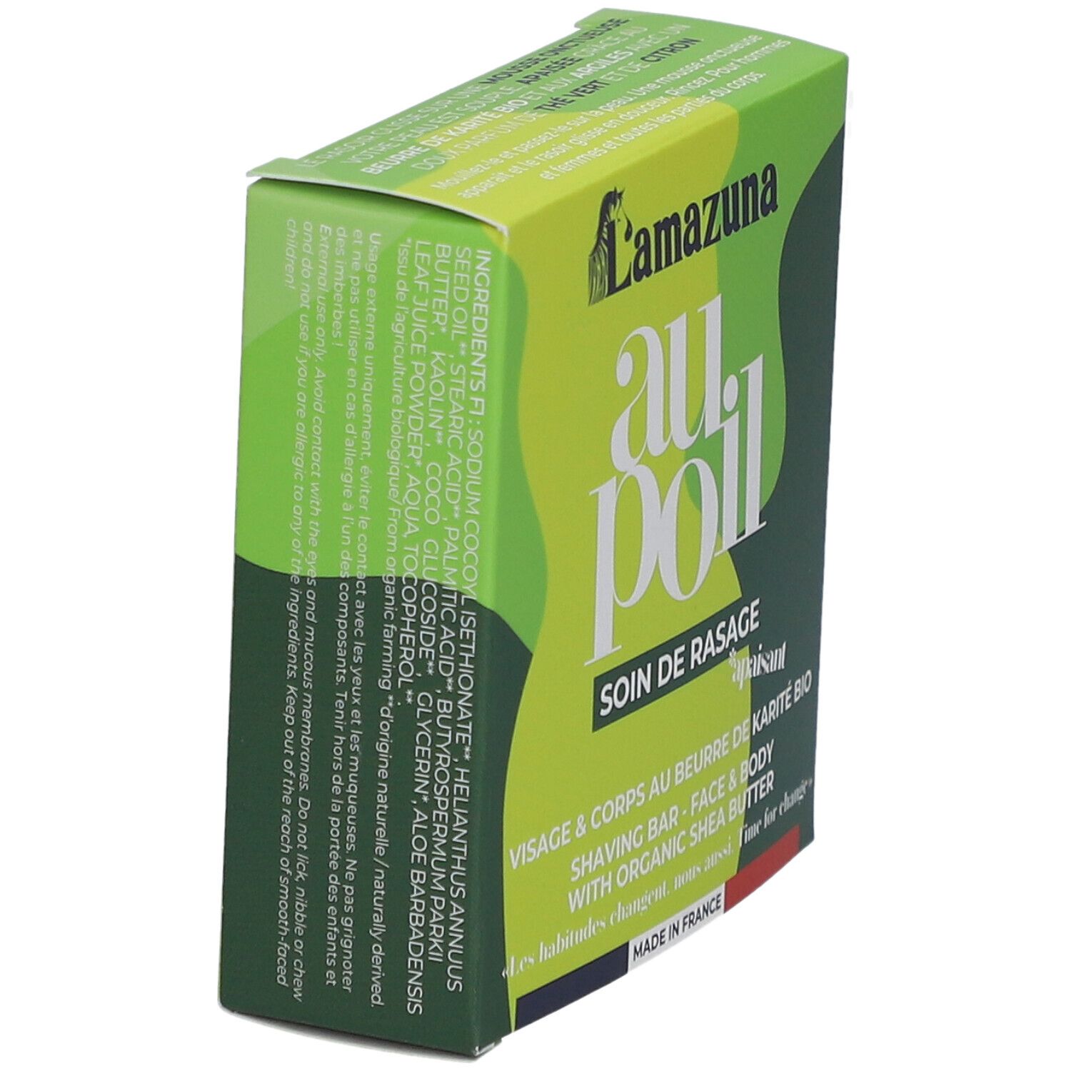 Schuine groene doos. Productnaam "au poil" en logo zichtbaar. Tekst: "Soin de rasage", "Visage & corps". 