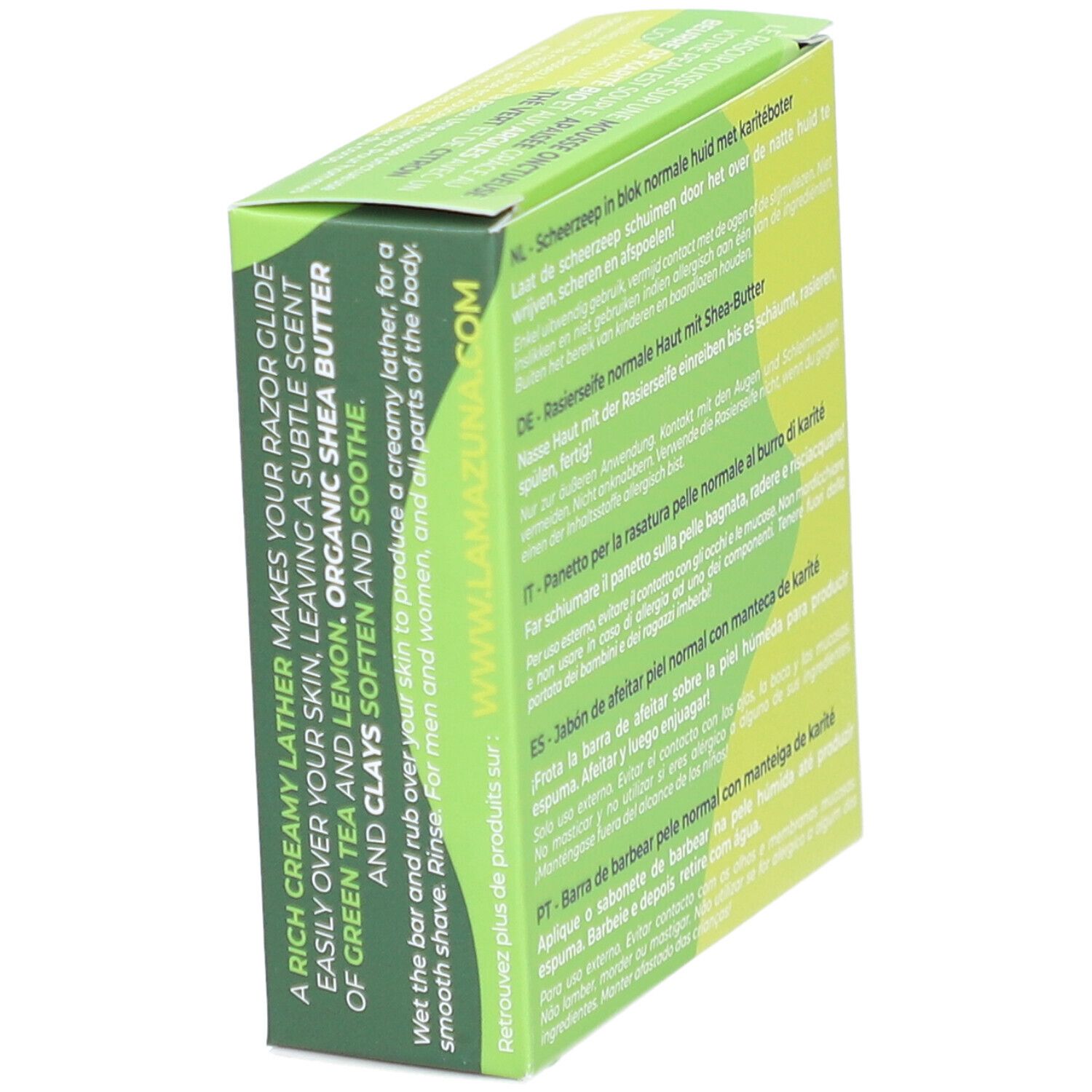 Schuine groene doos. Engelse tekst: "A RICH CREAMY LATHER MAKES YOUR RAZOR GLIDE..."
