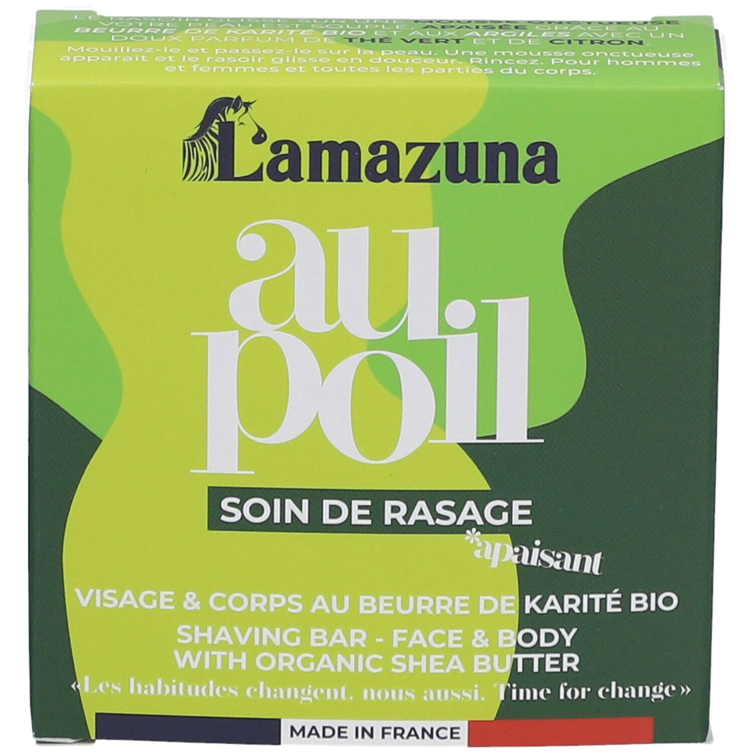 Groene doos met productnaam "au poil" en logo. Tekst: "Soin de rasage", "Visage & corps au beurre".