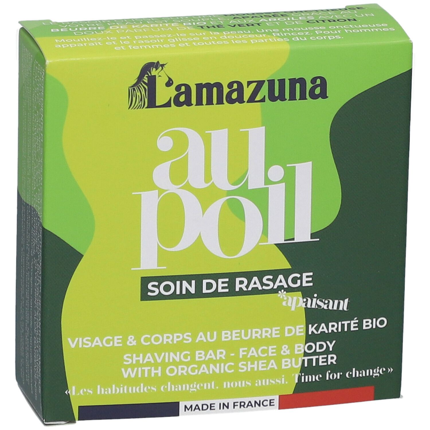 Groene doos met productnaam "au poil" en logo. Tekst: "Soin de rasage", "Visage & corps au beurre".
