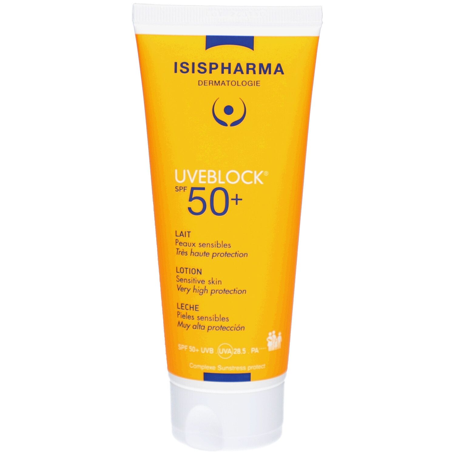 Tube jaune ISISPHARMA Uveblock SPF 50+. Texte: Lait, Lotion, Leche. Bouchon blanc. Inscriptions.
