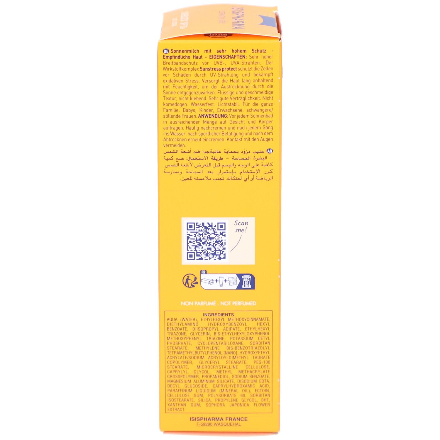 Dos de la boîte jaune. Texte multilingue. Code QR. Ingrédients.