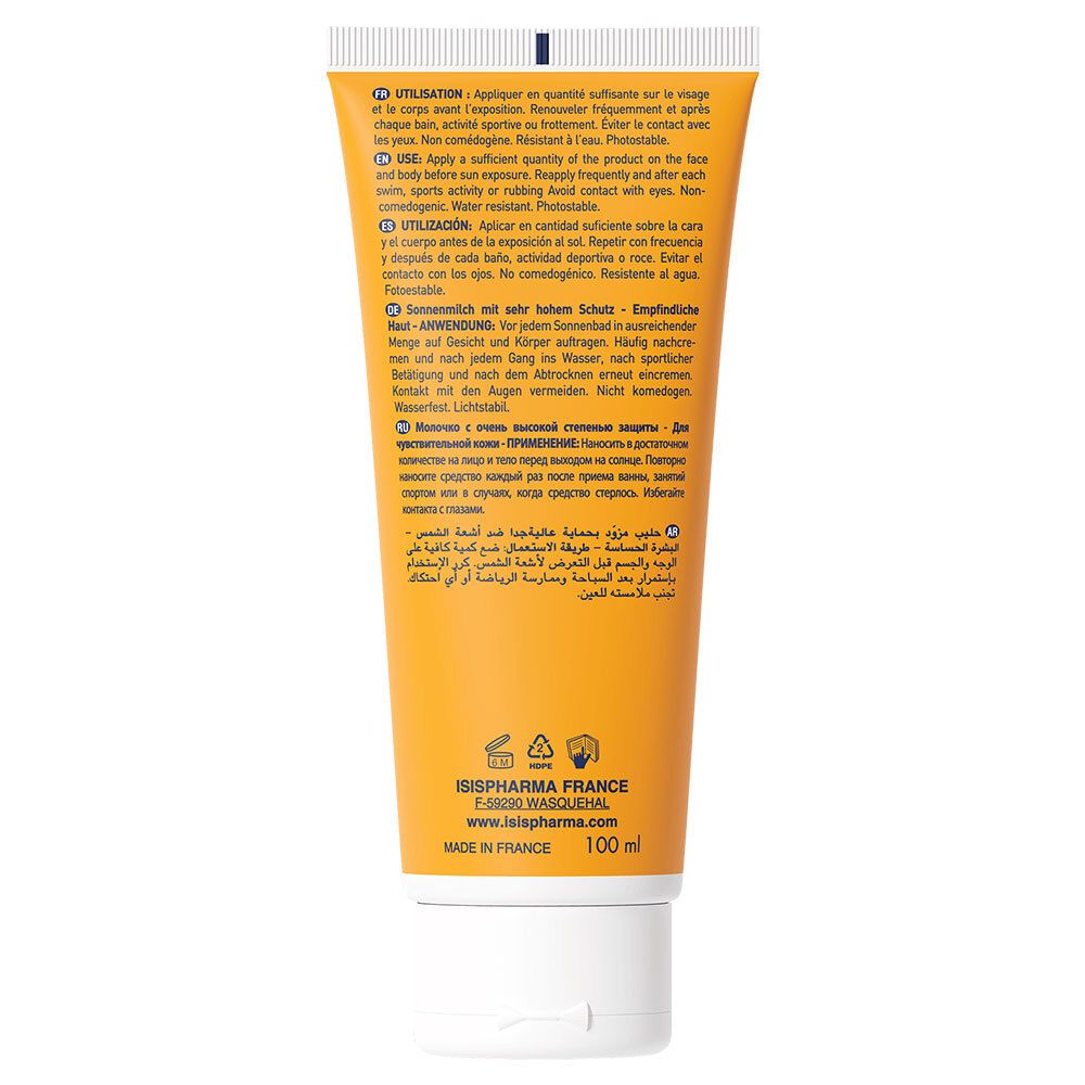 Dos du tube jaune. Texte multilingue. Informations fabricant. 100 ml.