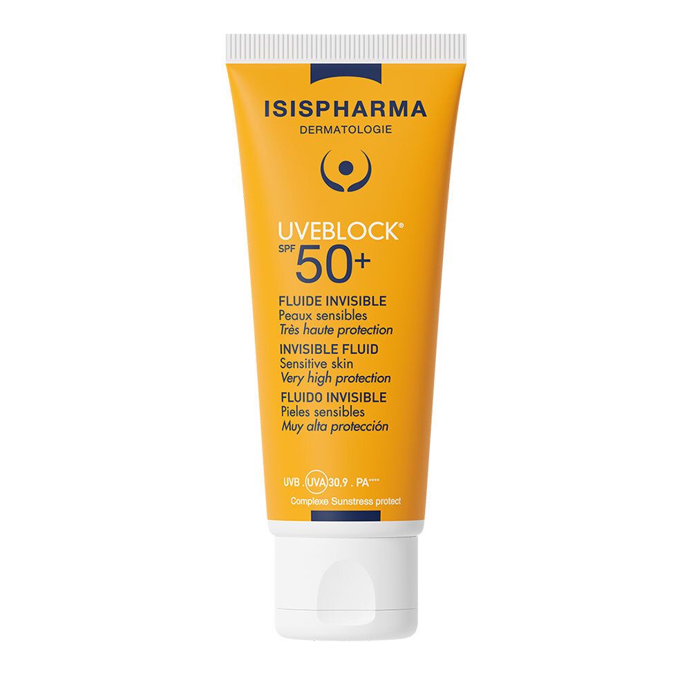 Tube jaune ISISPHARMA Uveblock SPF 50+. Texte: Fluide Invisible, Peaux sensibles. Bouchon blanc.