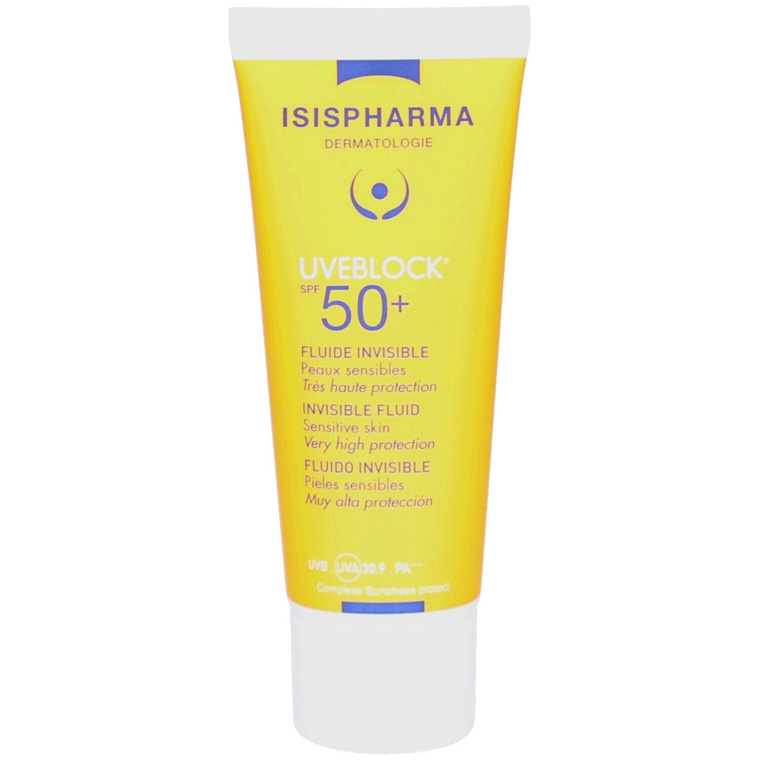 Tube jaune ISISPHARMA Uveblock SPF 50+. Texte: Fluide Invisible, Peaux sensibles. Bouchon blanc.