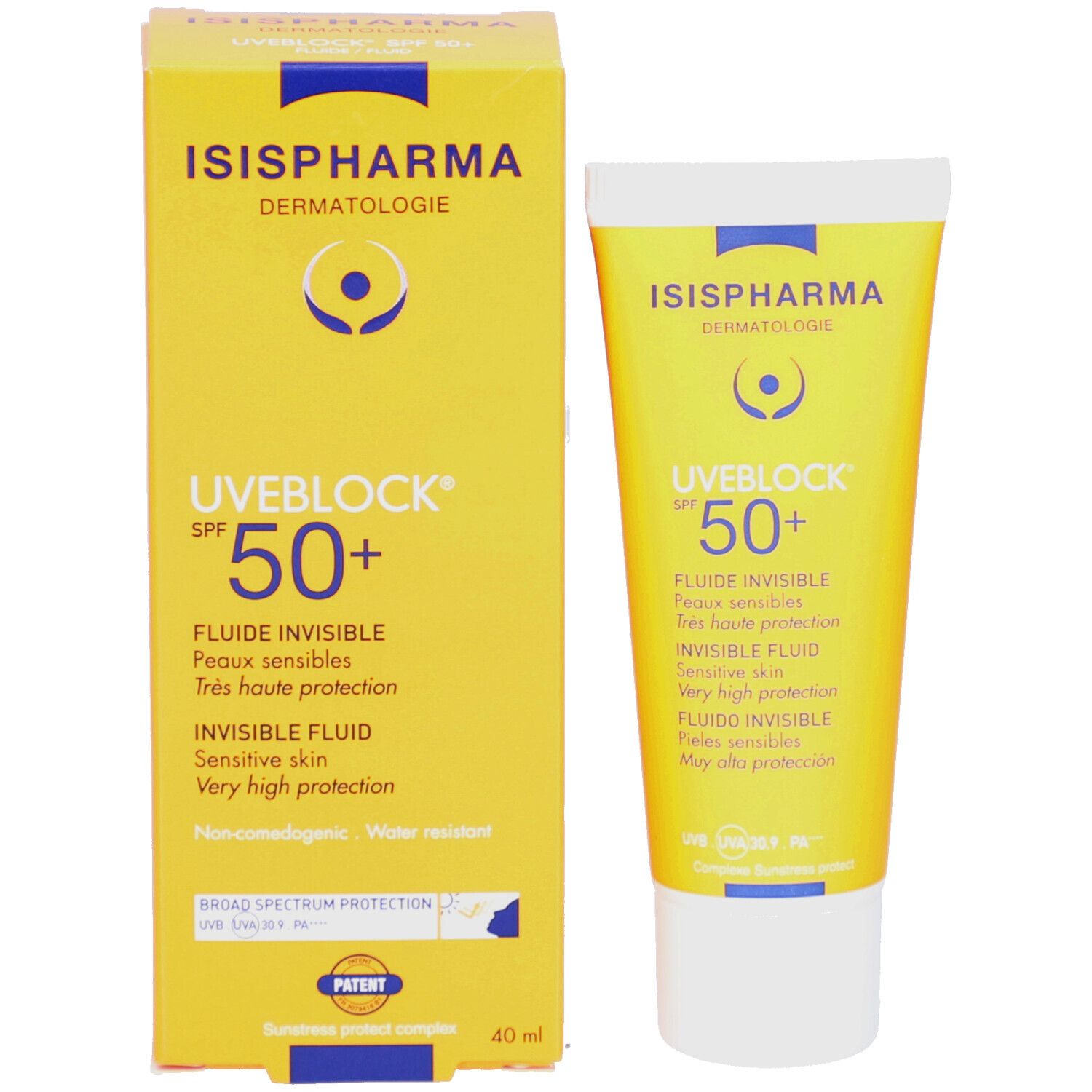 Boîte et tube ISISPHARMA Uveblock SPF 50+. Texte: Fluide Invisible, SPF 50+. 40 ml.