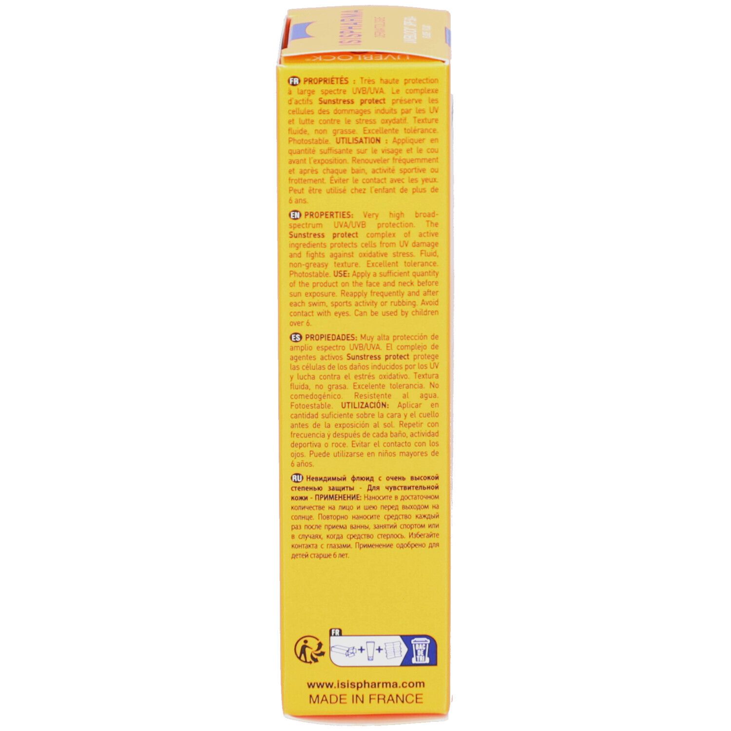 Dos de la boîte ISISPHARMA Uveblock SPF 50+. Texte multilingue. 40 ml.