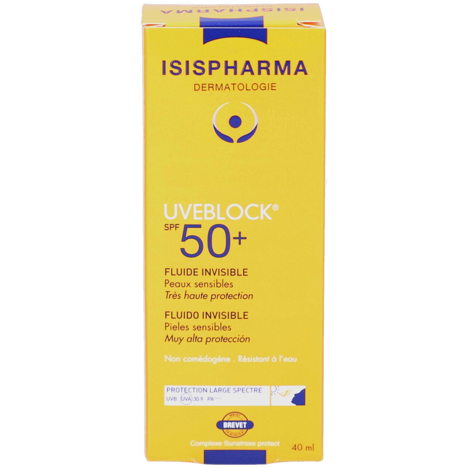 Boîte ISISPHARMA Uveblock SPF 50+. Texte: Fluide Invisible, SPF 50+. 40 ml.