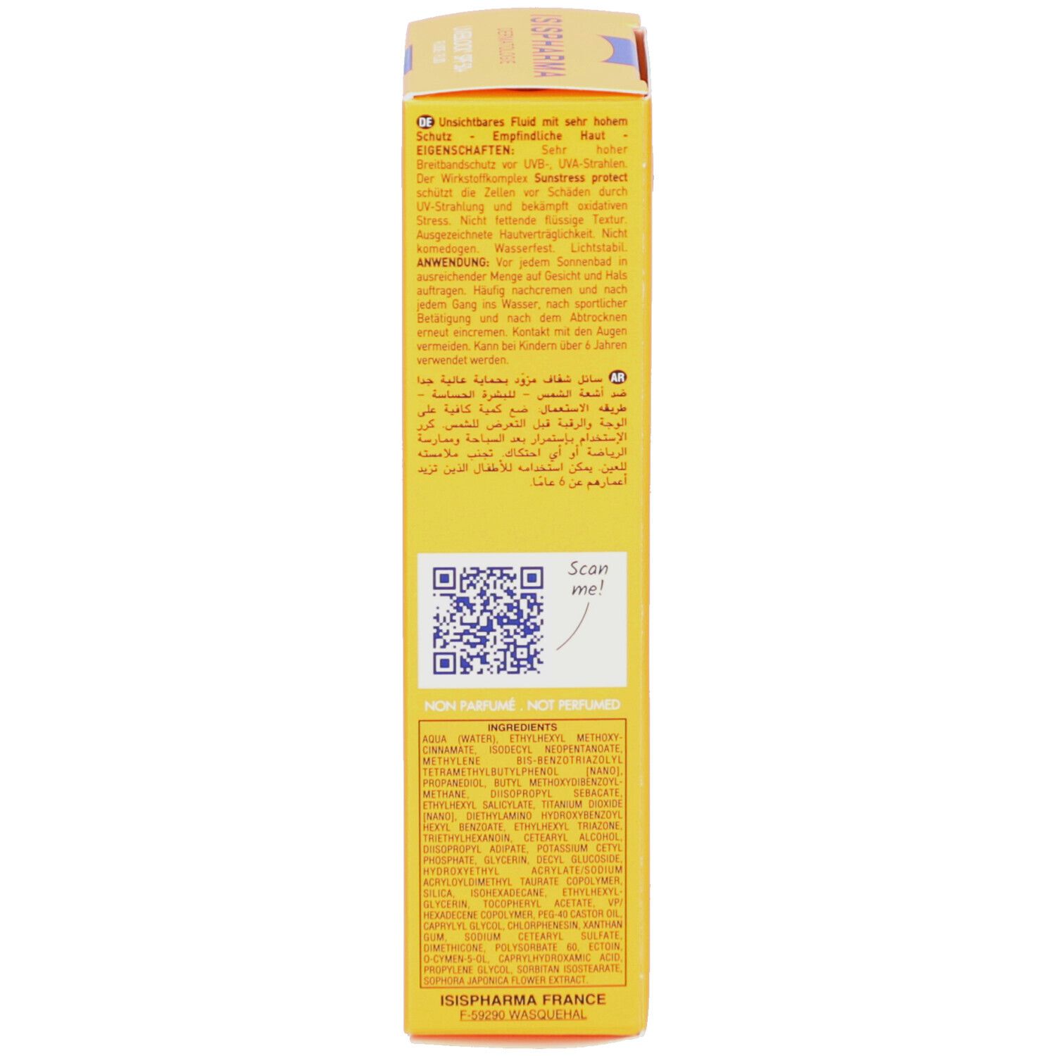Dos de la boîte ISISPHARMA Uveblock SPF 50+. Texte, QR code, ingrédients. 40 ml.