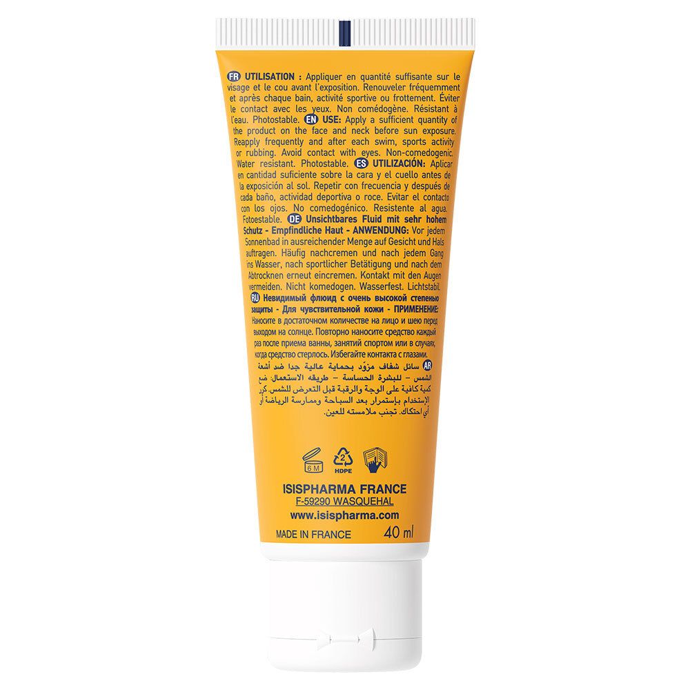 Dos du tube ISISPHARMA Uveblock SPF 50+. Texte multilingue. 40 ml. Fabriqué en France.