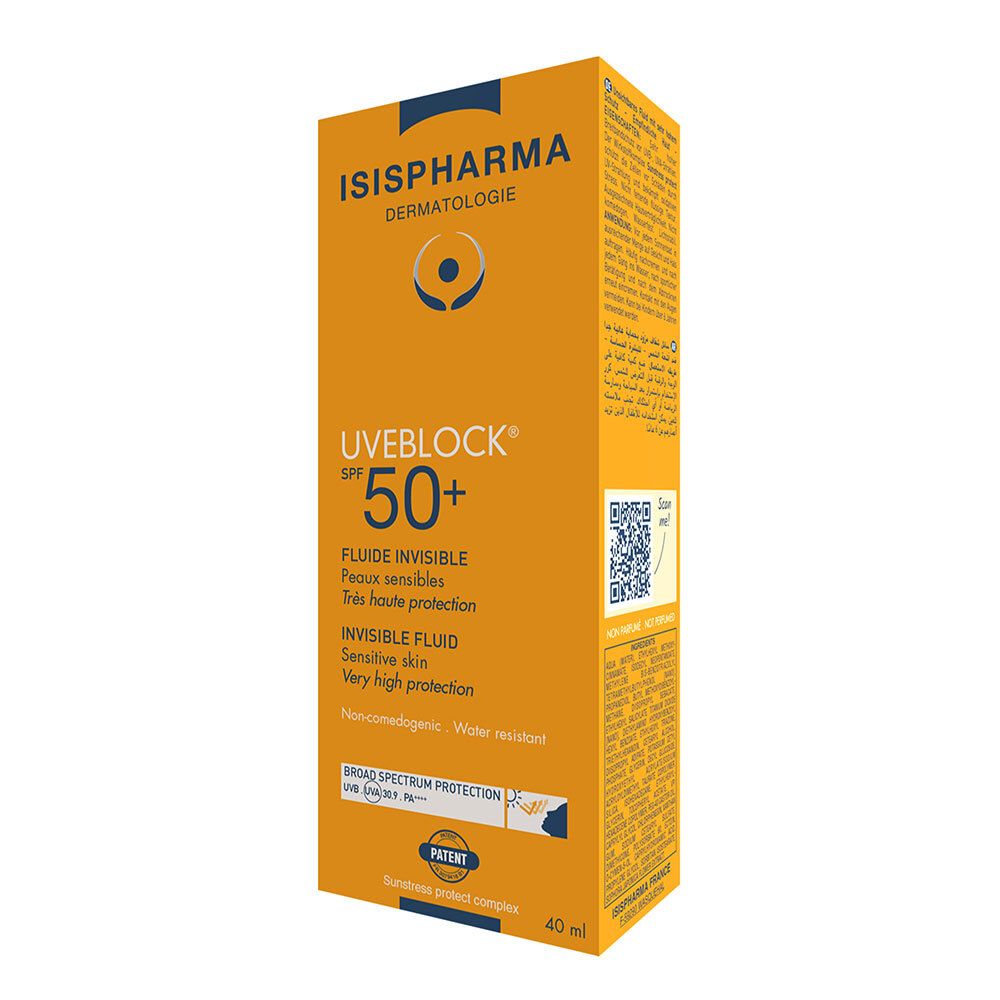 Gele doos ISISPHARMA Uveblock SPF 50+. Tekst: Fluide Invisible, Peaux sensibles. QR-code.