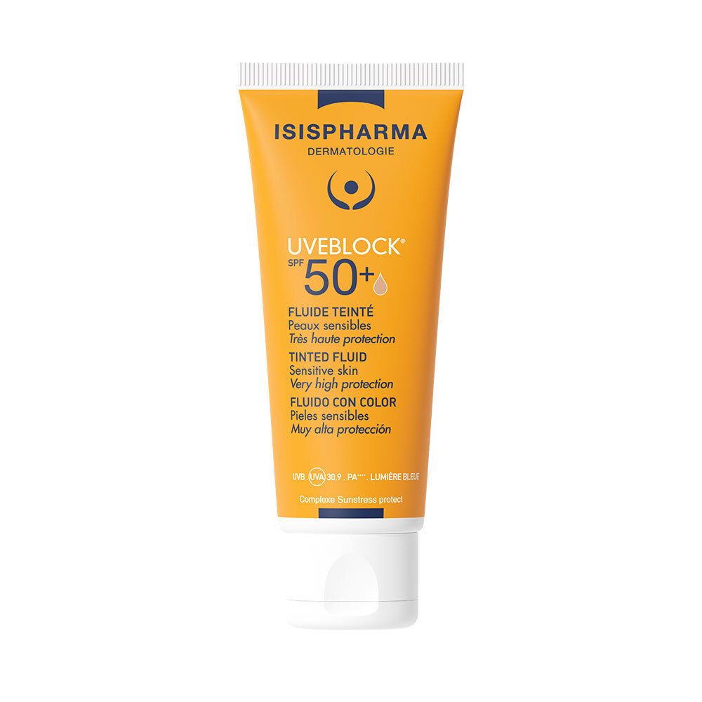 Geel-oranje tube met witte dop. Tekst: ISISPHARMA, UVEBLOCK SPF 50+, getinte vloeistof, gevoelige huid. Logo.
