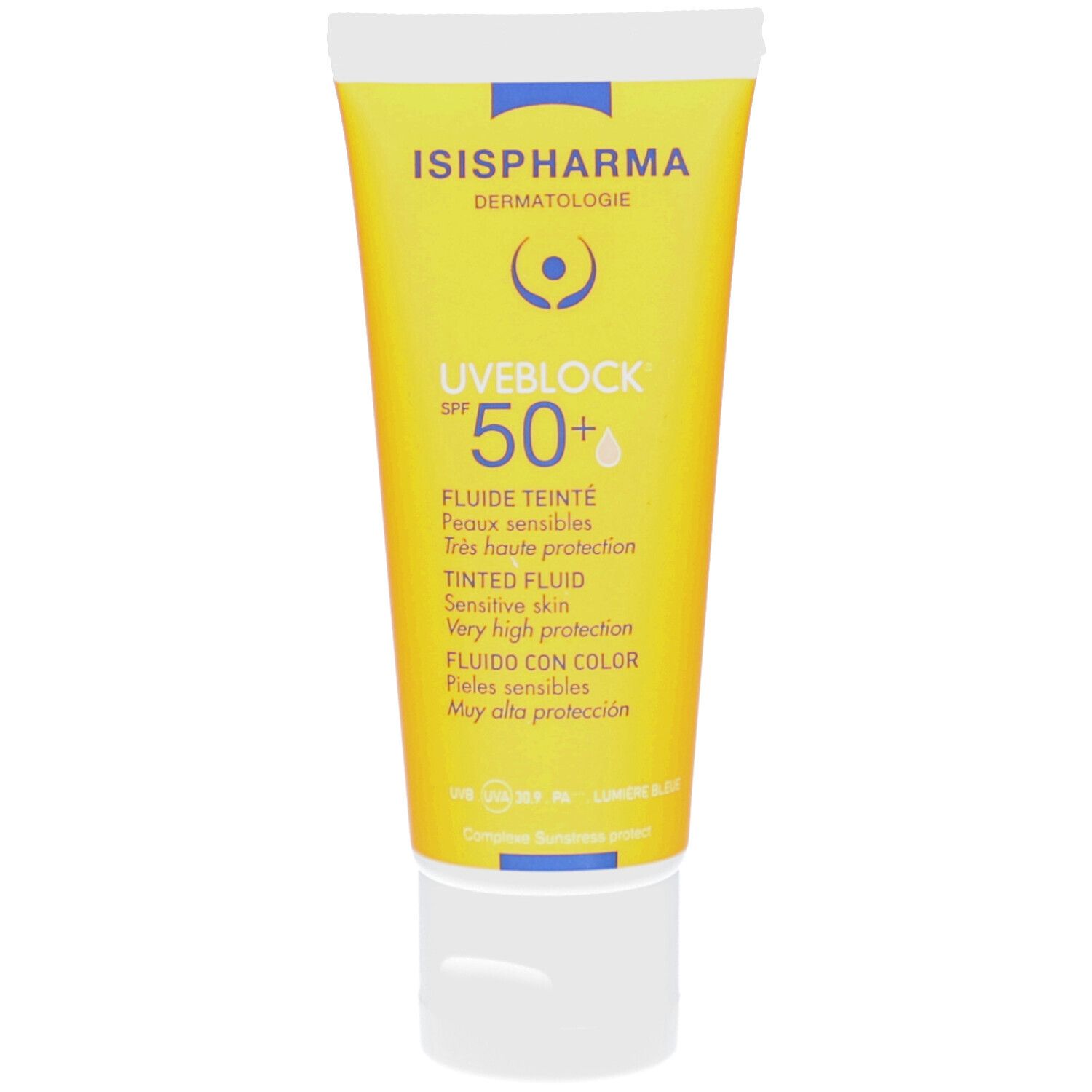 Gele tube met witte dop. Tekst: ISISPHARMA, UVEBLOCK SPF 50+, getinte vloeistof, gevoelige huid. Logo.