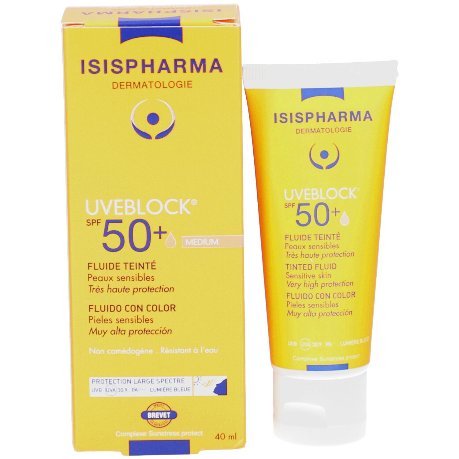 Verpakking en tube. Gele doos en tube. Tekst: ISISPHARMA, UVEBLOCK SPF 50+, getinte vloeistof, 40 ml.