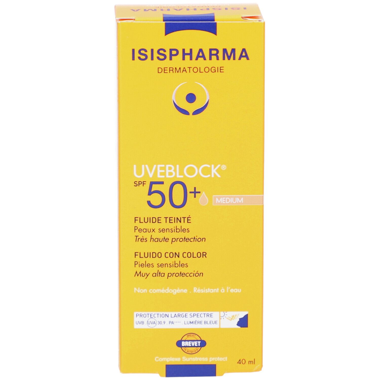 Gele verpakking. Tekst: ISISPHARMA, UVEBLOCK SPF 50+, getinte vloeistof, 40 ml. Logo en informatie.