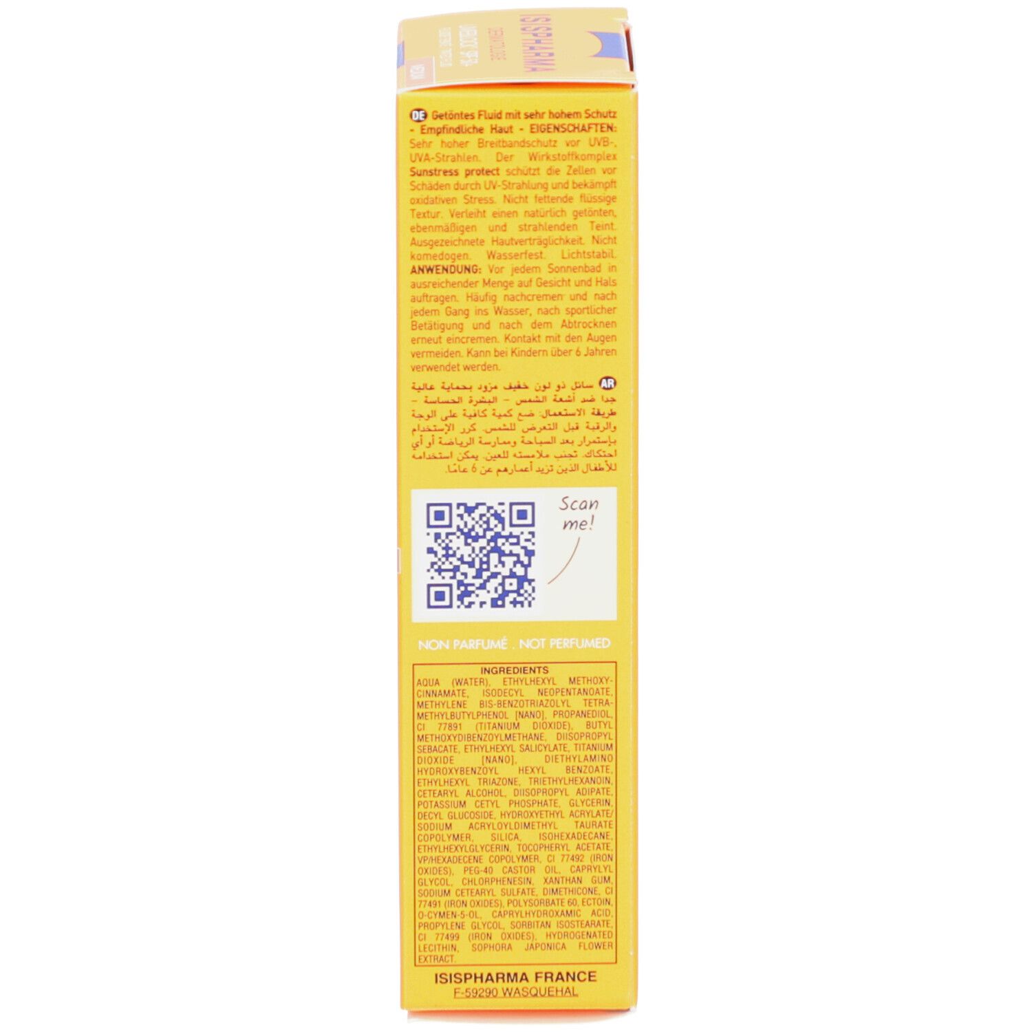 Achterkant van de gele verpakking. Tekst: Gebruiksaanwijzing, ingrediënten, QR-code, fabrikantenadres.