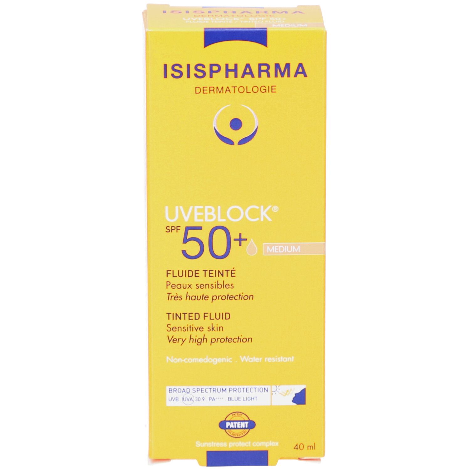 Gele verpakking. Tekst: ISISPHARMA, UVEBLOCK SPF 50+, getinte vloeistof, 40 ml. Logo en informatie.