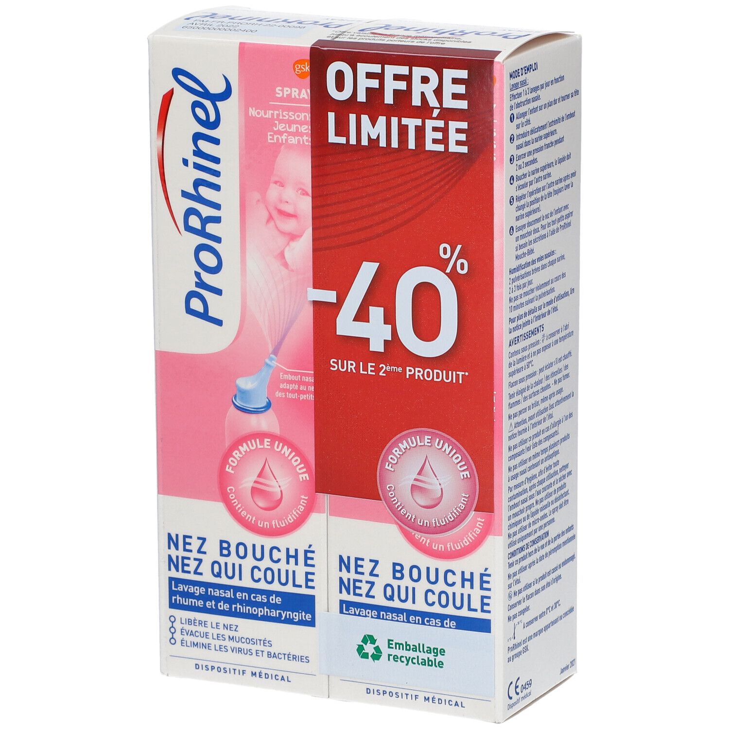Boîte de deux sprays ProRhinel. Rose et blanc, avec nom du produit et illustration de bébé. Texte : Nez bouché, Nez qui coule.