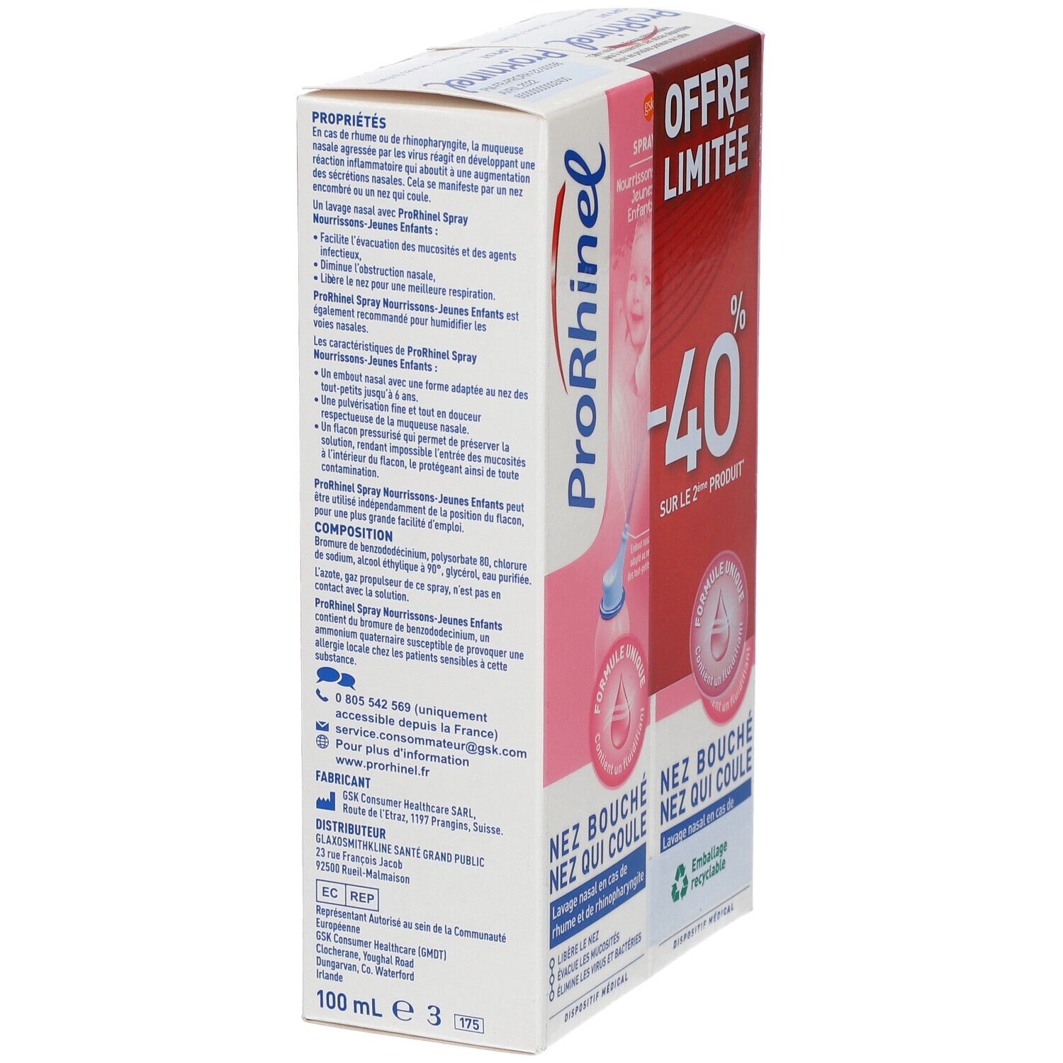 Vue latérale de l'emballage ProRhinel. Rose et blanc, avec nom du produit et texte. Contient des informations sur le produit et le fabricant.