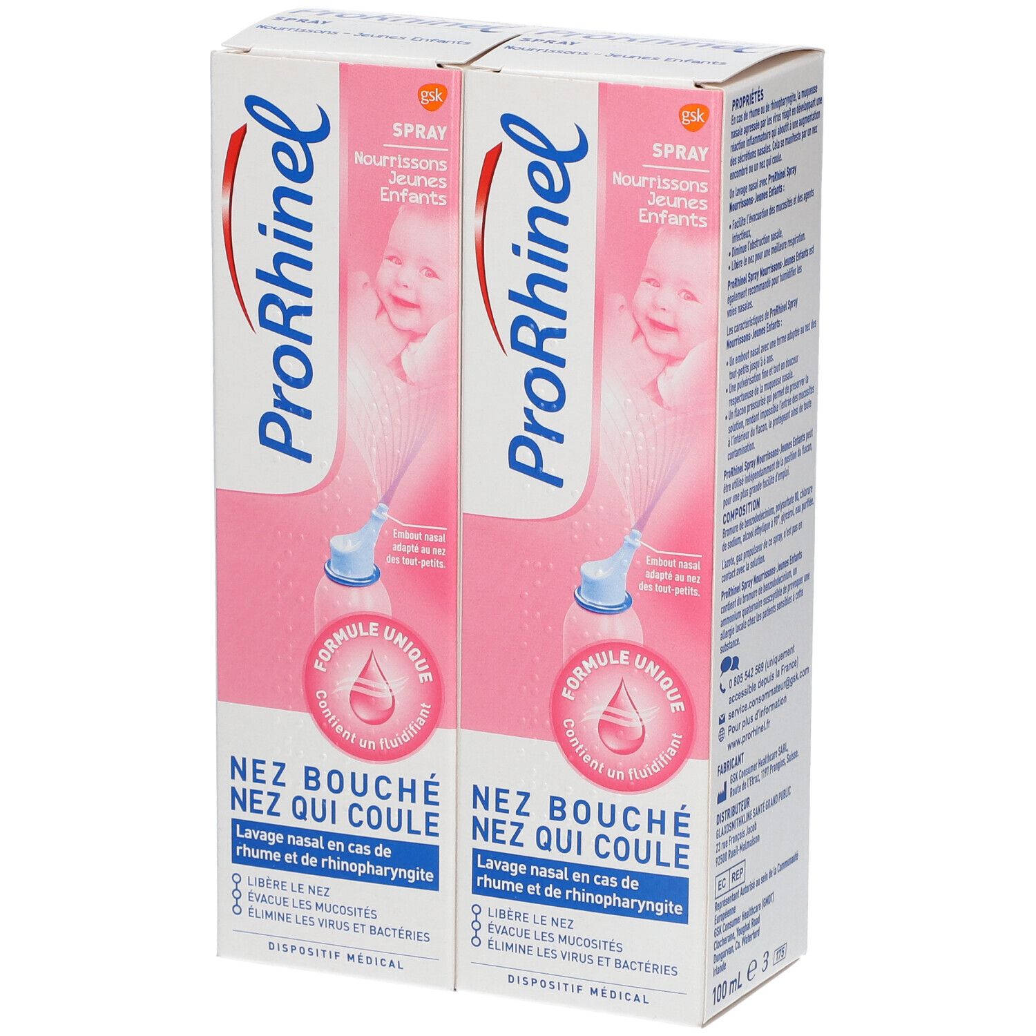 Deux emballages ProRhinel côte à côte. Rose et blanc, avec nom du produit et illustration de bébé. Texte : Nez bouché, Nez qui coule.