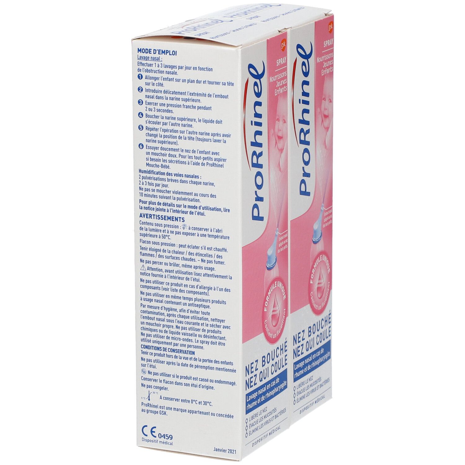 Deux emballages ProRhinel, vue arrière. Rose et blanc, avec nom du produit et mode d'emploi. Texte : Nez bouché, Nez qui coule.