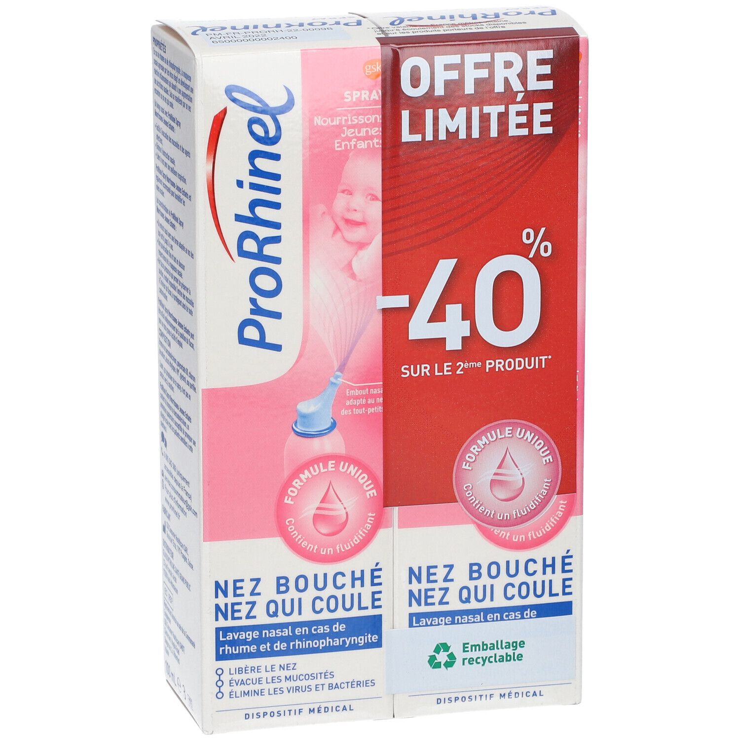 Deux emballages ProRhinel côte à côte. Rose et blanc, avec nom du produit et illustration de bébé. Offre : -40% sur le 2ème produit.