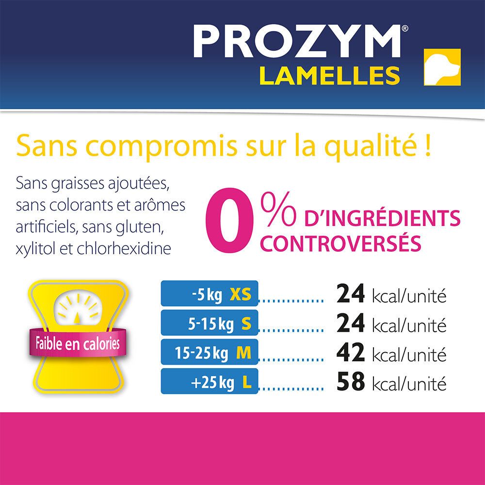 Prozym Lamelles. 0% d'ingrédients controversés. Faible en calories. Tailles : XS, S, M, L. Calories par unité.