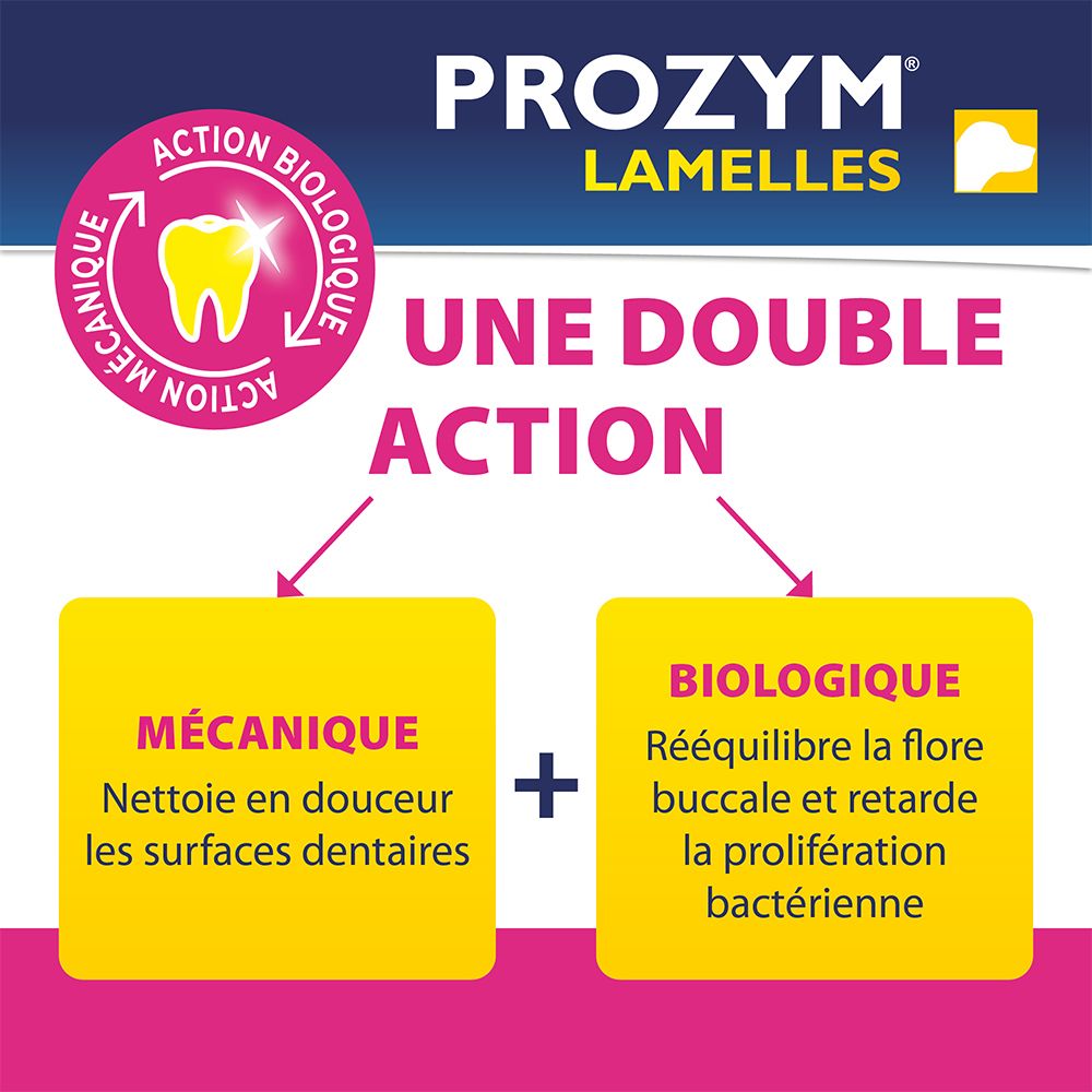 PROZYM LAMELLES. Double action: Mécanique et biologique. Nettoie doucement les dents et inhibe les bactéries.