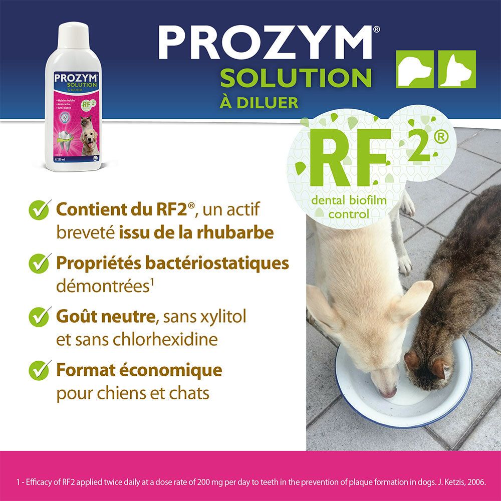 Fles en honden/katten. Tekst: Bevat RF2, antibacteriële eigenschappen, smaakneutraal, voor honden en katten. RF2-logo.