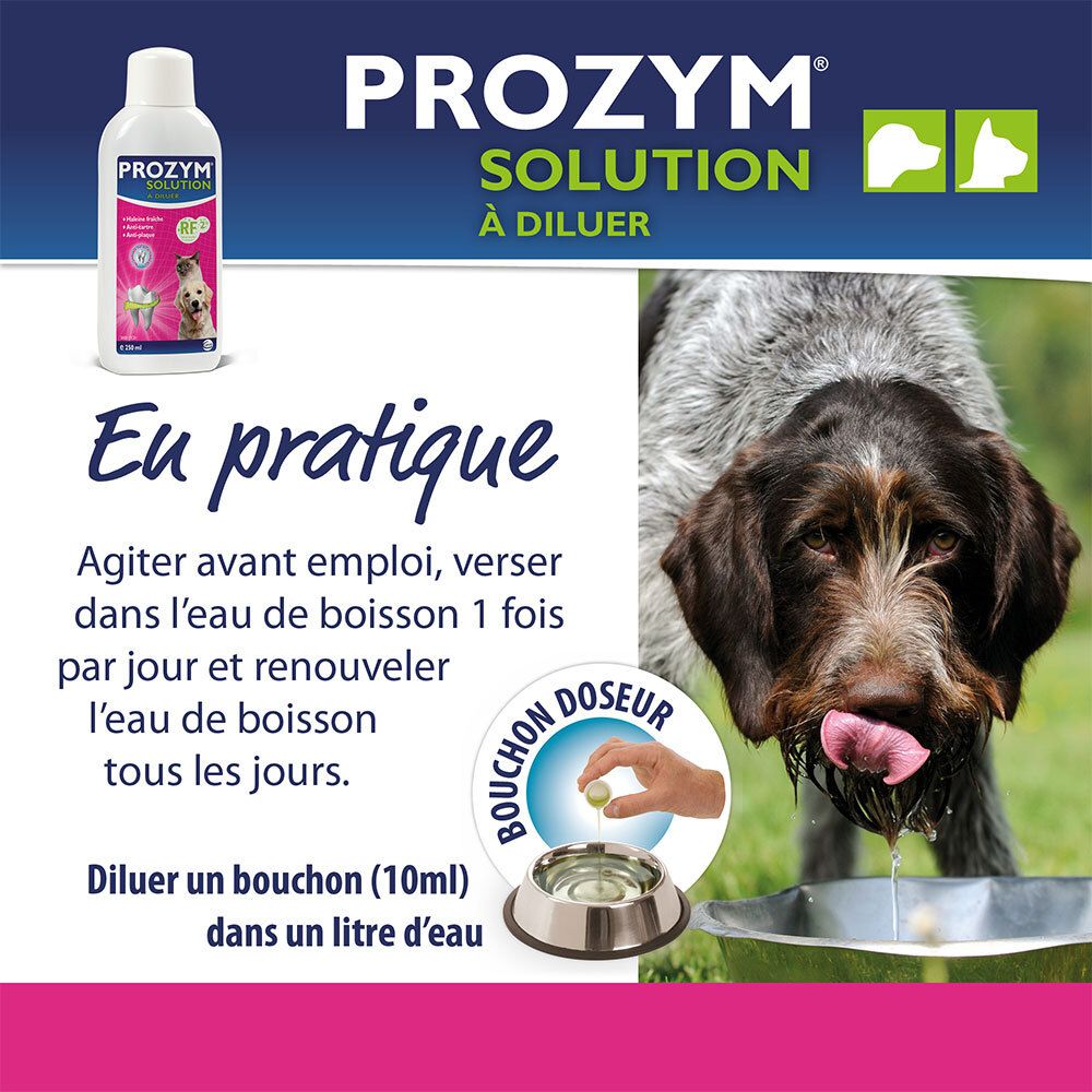 Hond drinkt uit een kom. Fles en doseerdop. Tekst: Voor gebruik schudden, in drinkwater doen. Doseerdop.