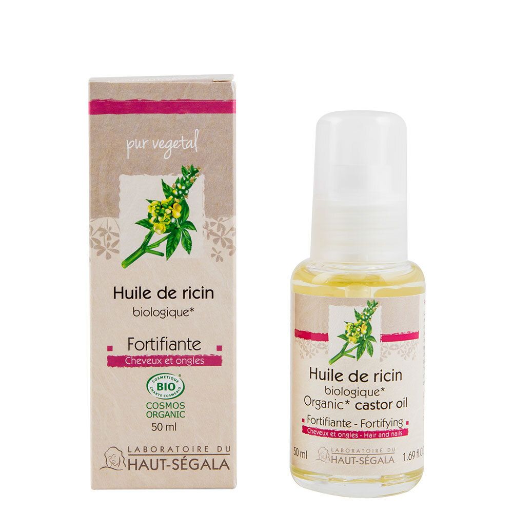 Flacon et boîte d'huile. Inscription: Huile de ricin biologique, Fortifiante, 50 ml. Certification bio.