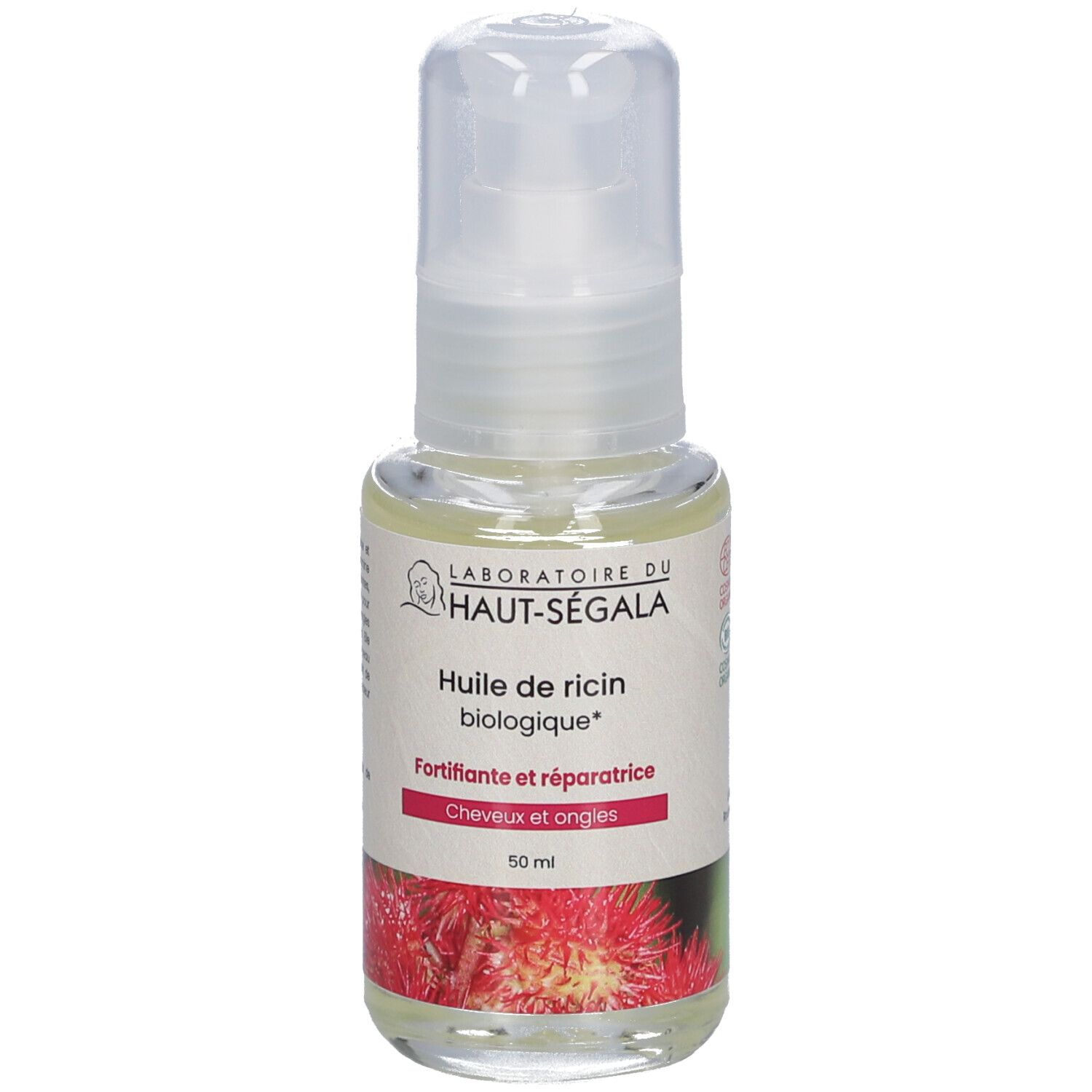 Flacon d'huile avec vaporisateur. Inscription: Huile de ricin biologique, Fortifiante et réparatrice, 50 ml.