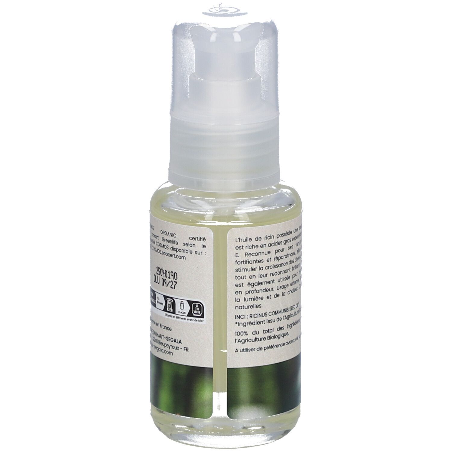 Flacon d'huile avec vaporisateur. Inscription: Huile de ricin biologique, Fortifiante et réparatrice, 50 ml. Texte sur l'étiquette.