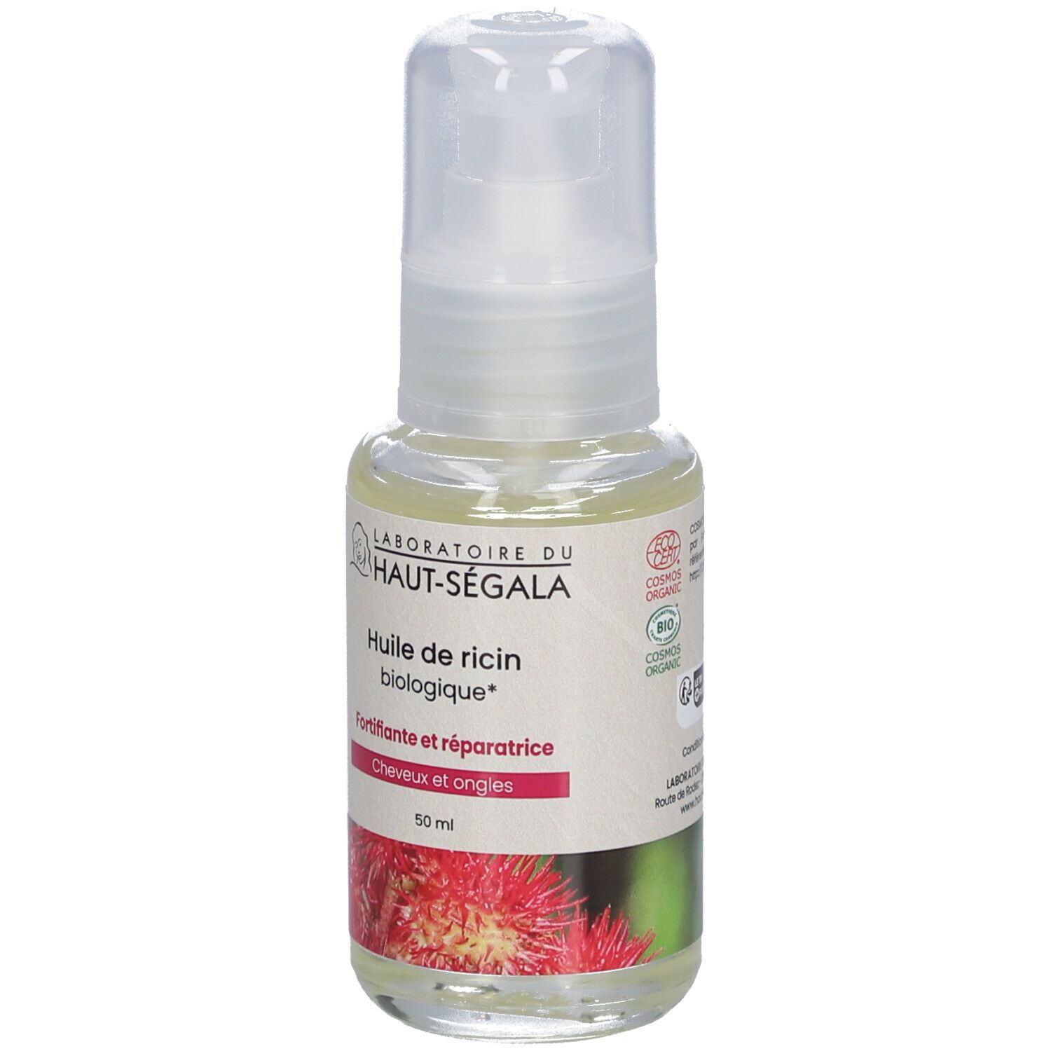 Flacon d'huile avec vaporisateur. Inscription: Huile de ricin biologique, Fortifiante et réparatrice, 50 ml. Certification bio.