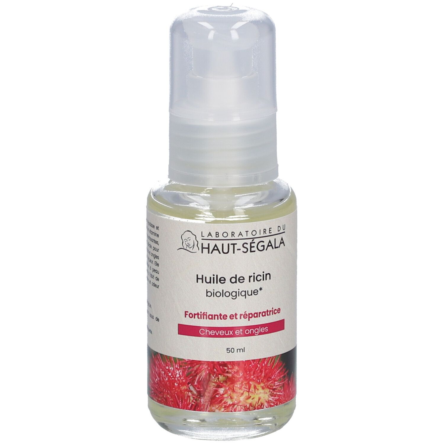 Flacon d'huile avec vaporisateur. Inscription: Huile de ricin biologique, Fortifiante et réparatrice, 50 ml. Certification bio.