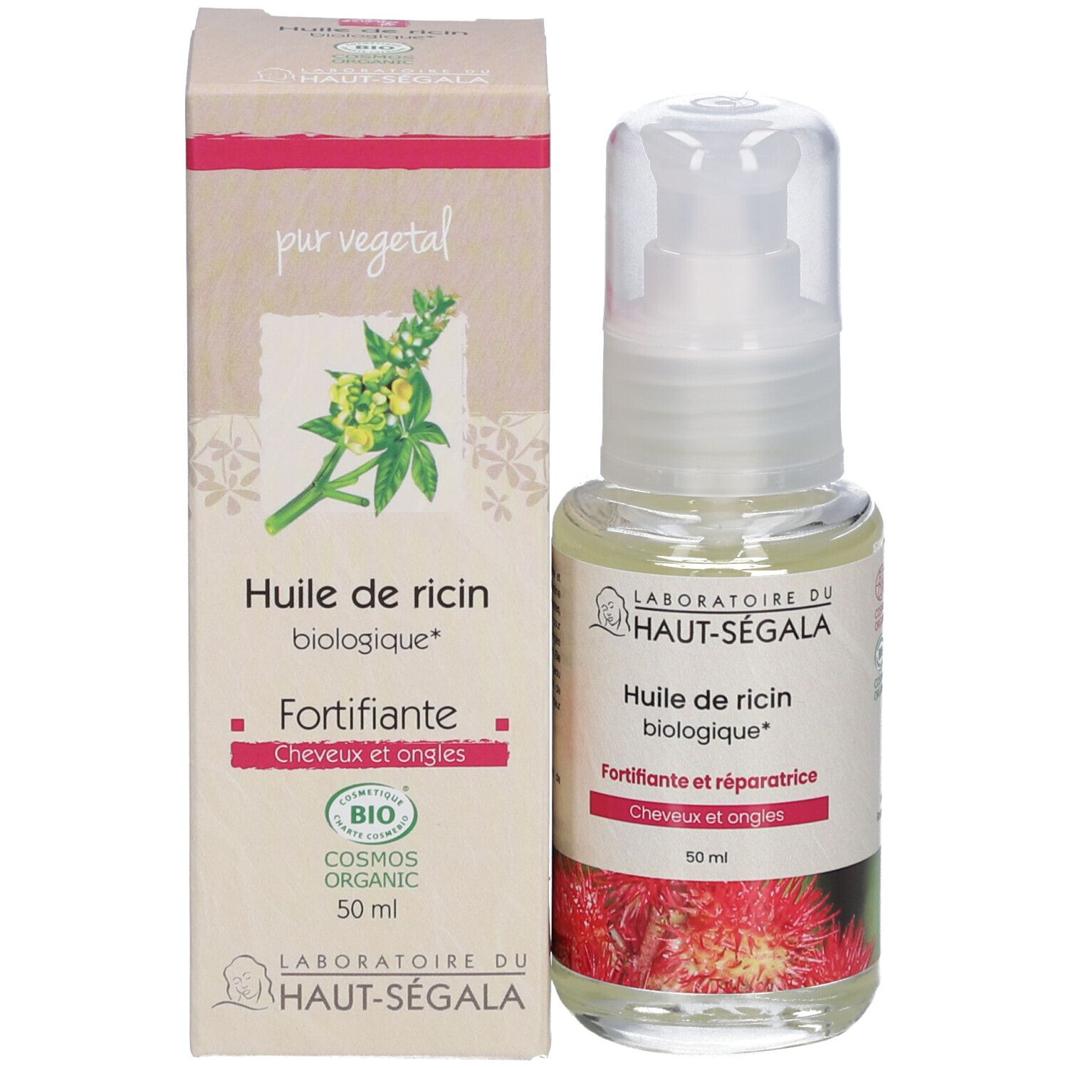 Flacon et carton d'huile. Inscription: Huile de ricin biologique, Fortifiante, 50 ml. Certification bio.