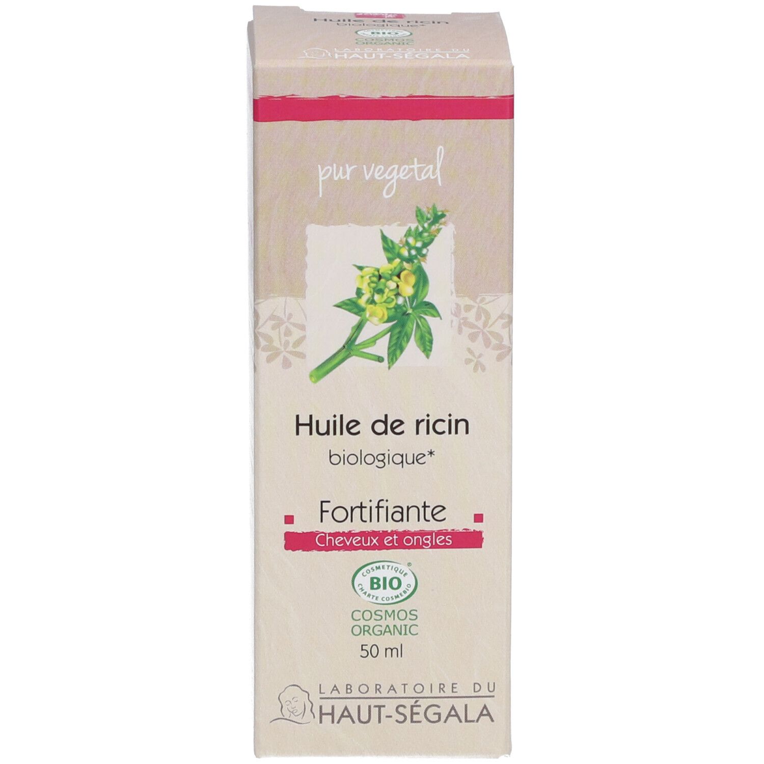 Carton d'huile. Inscription: Huile de ricin biologique, Fortifiante, 50 ml. Certification bio.