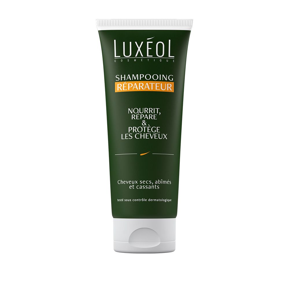 Tube vert avec bouchon blanc. Inscription: Luxéol, Shampooing Réparateur. Texte: Nourrit, Répare & Protège les Cheveux. Pour cheveux secs, abîmés.