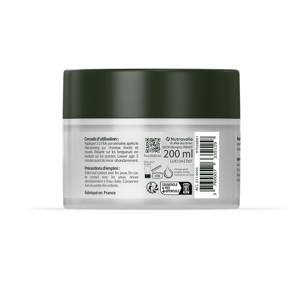 Achterkant van de witte pot met donkergroen deksel. Tekst en QR-code. 200 ml.