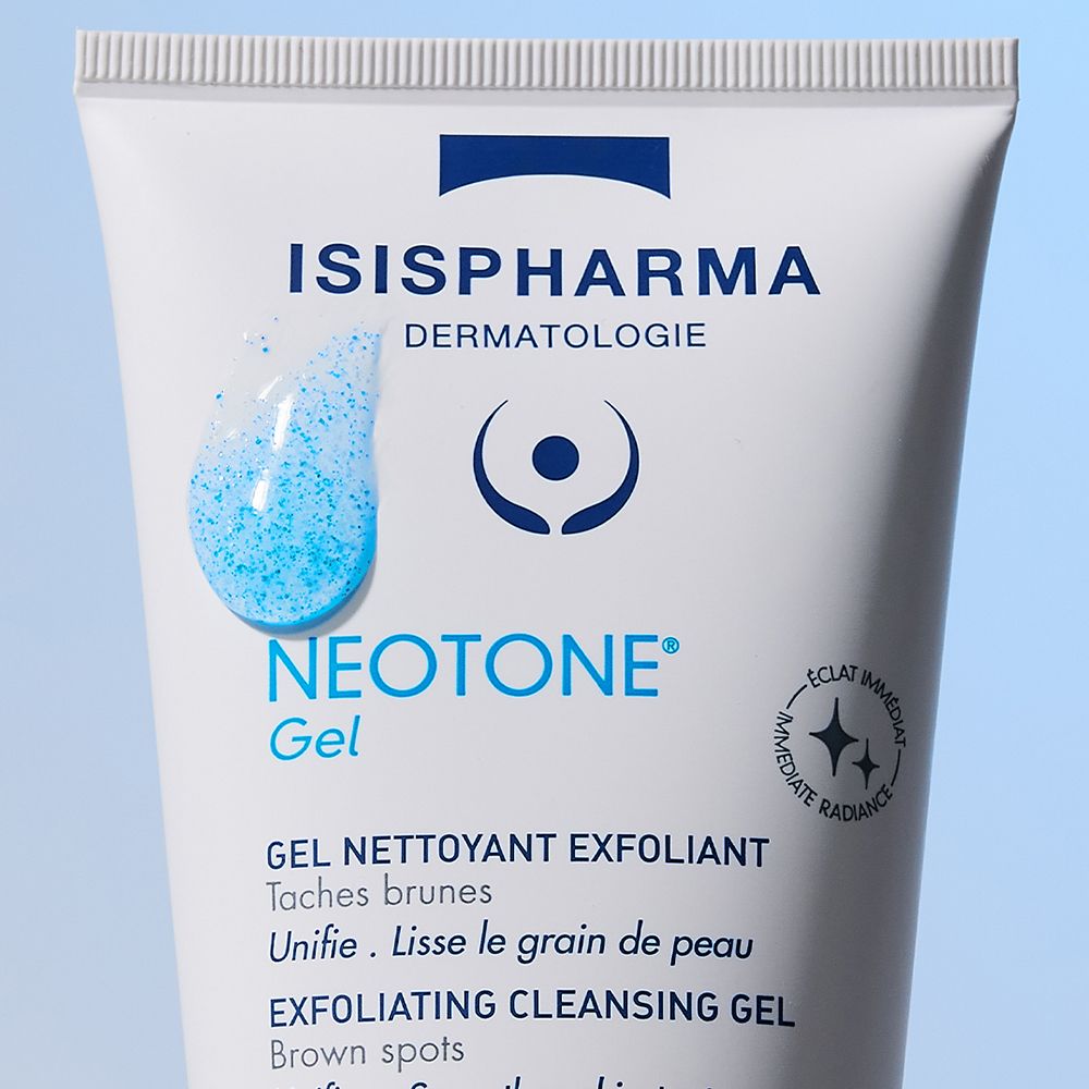 Close-up van de tube. ISISPHARMA, NEOTONE Gel. Blauwe gelvlek. Tekst: Gel nettoyant exfoliant.