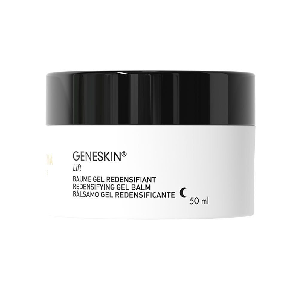 Crèmepot met zwarte deksel. Opschrift: GENESKIN Lift, BAUME GEL REDENSIFIANT, 50 ml.