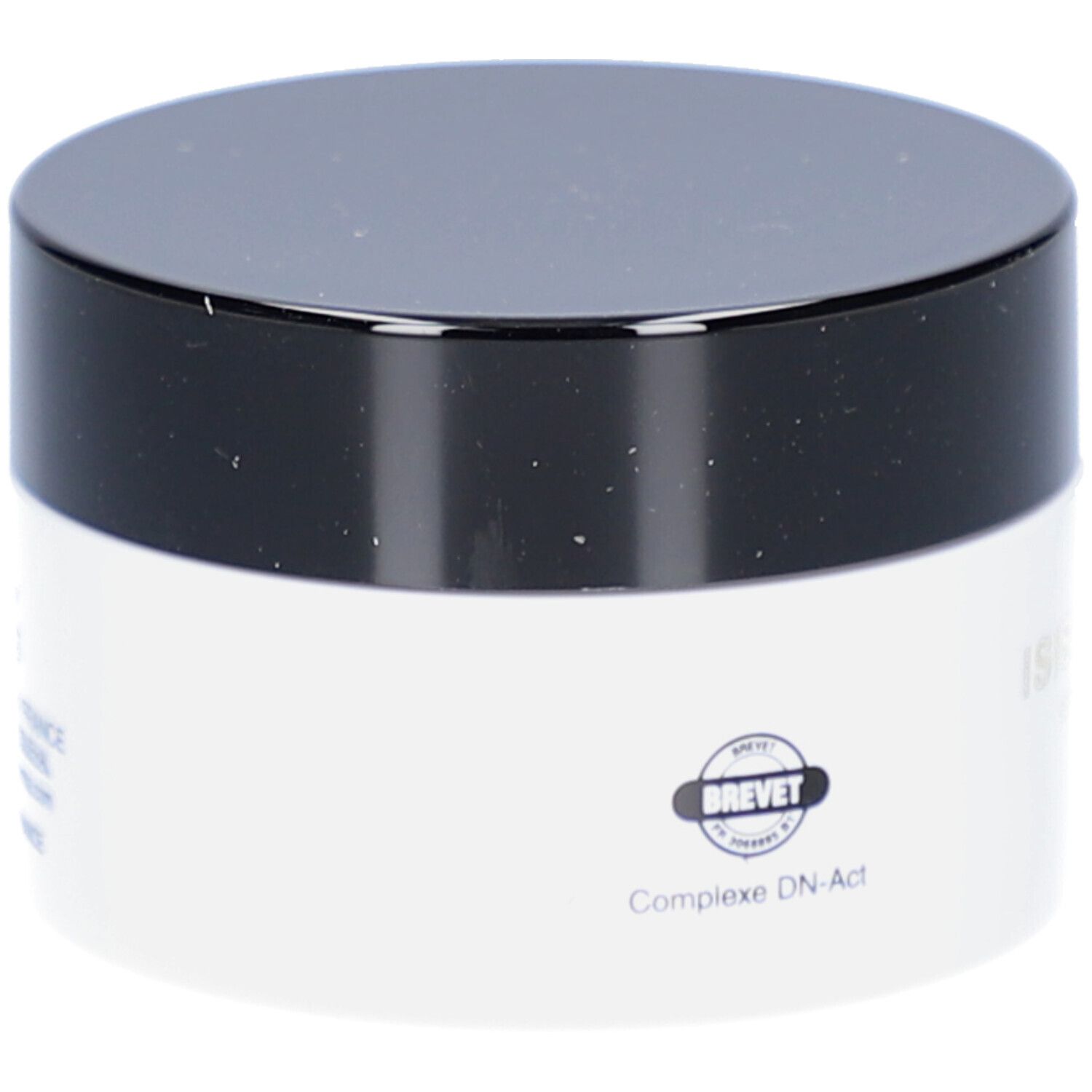 Crèmepot met zwarte deksel. Opschrift: BREVET, Complexe DN-Act.