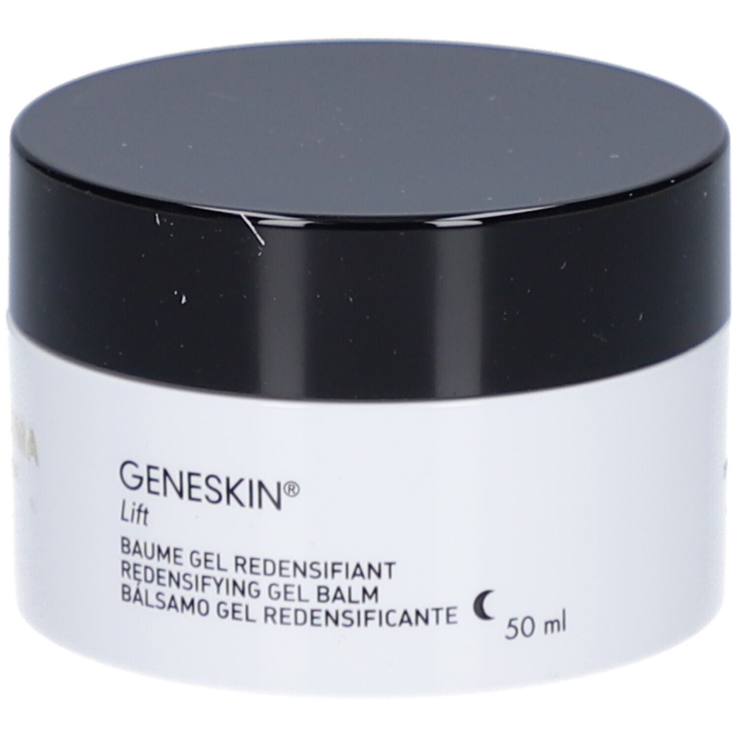 Crèmepot met zwarte deksel. Opschrift: GENESKIN Lift, BAUME GEL REDENSIFIANT, 50 ml.