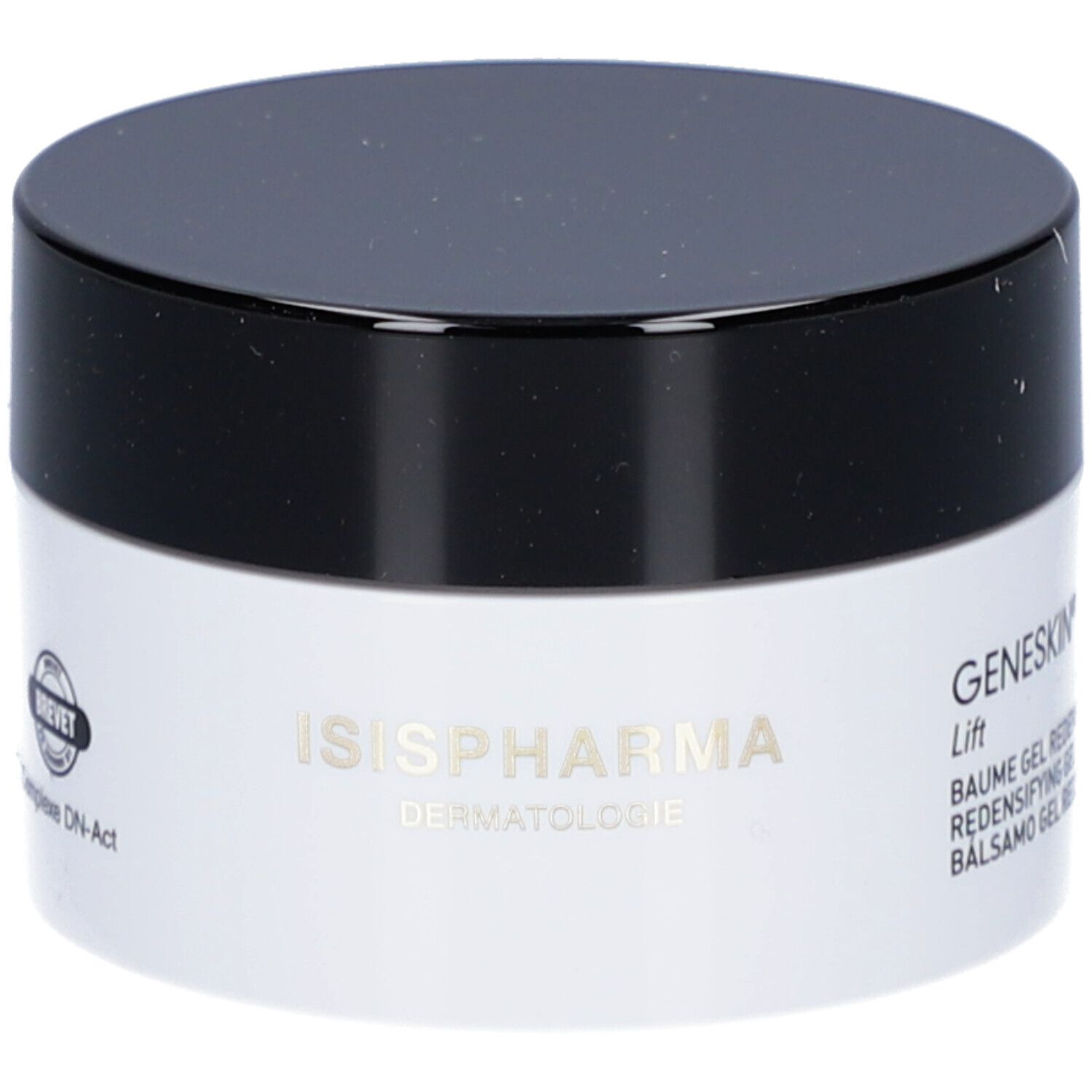 Crèmepot met zwarte deksel. Opschrift: ISISPHARMA, BREVET, Complexe DN-Act.