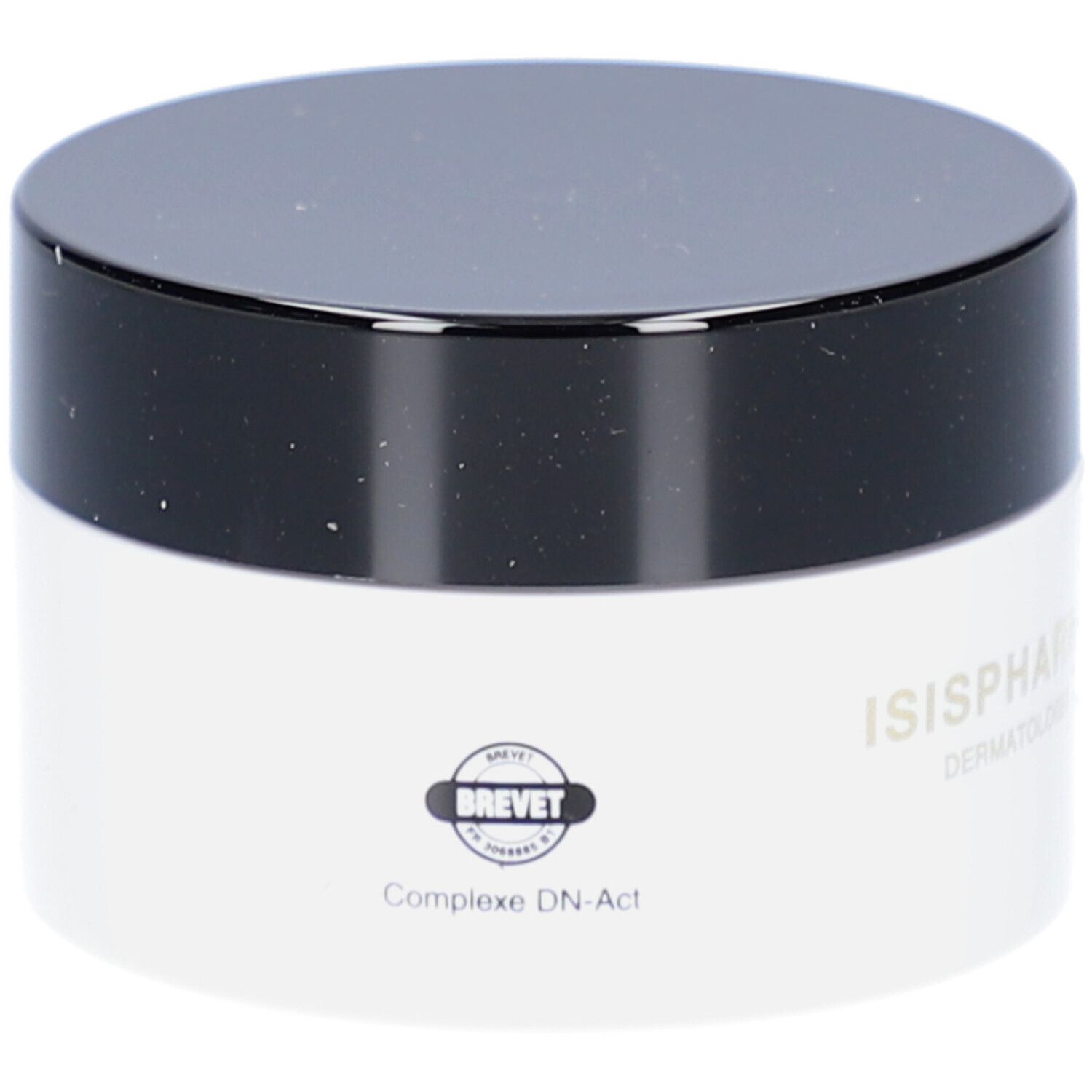 Crèmepot met zwarte deksel. Opschrift: ISISPHARMA, BREVET, Complexe DN-Act.
